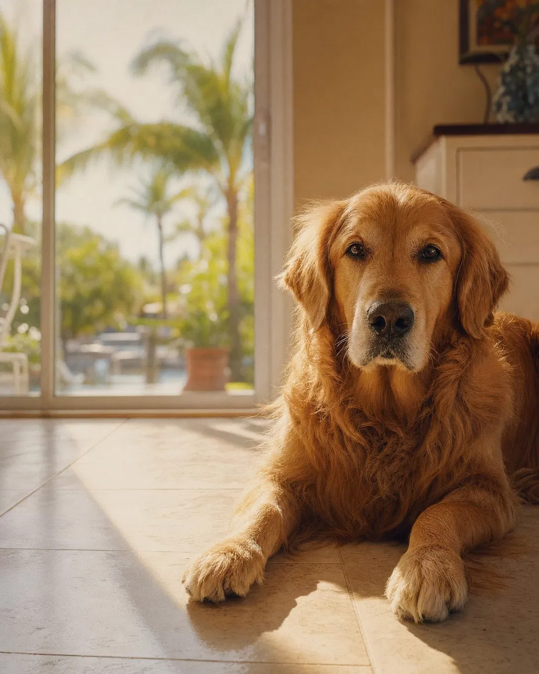 A calm golden retriever resting on a sunlit Florida tile floor.