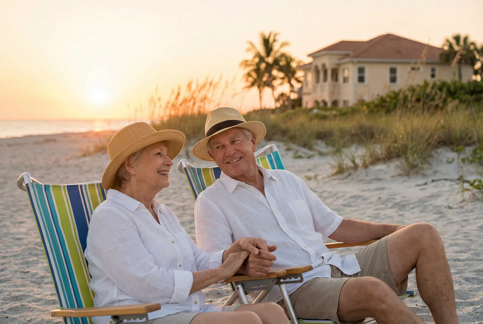 Relaxed couple enjoying the beach while their home is managed