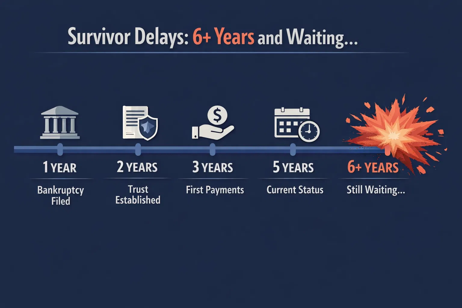 Timeline of survivor delays from bankruptcy to current status