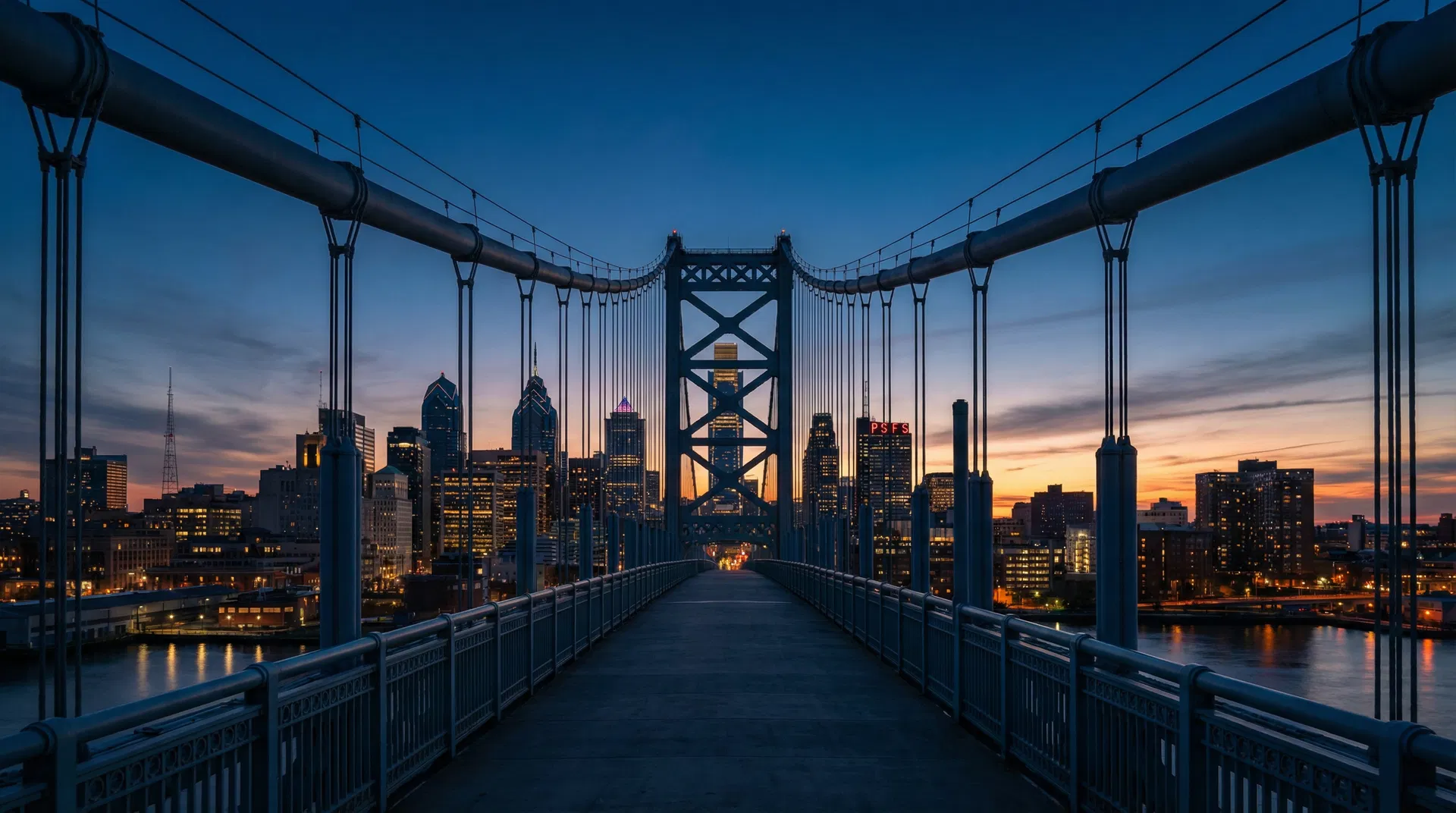 Philadelphia skyline at dusk from the Ben Franklin Bridge — Black Vault Executive Transport