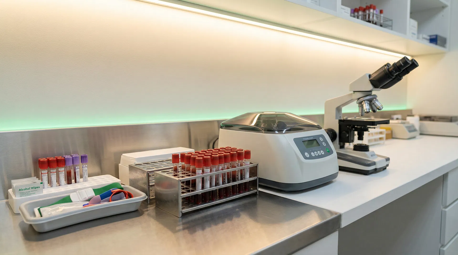 Clinical lab equipment including blood sample tubes, centrifuge, and microscope