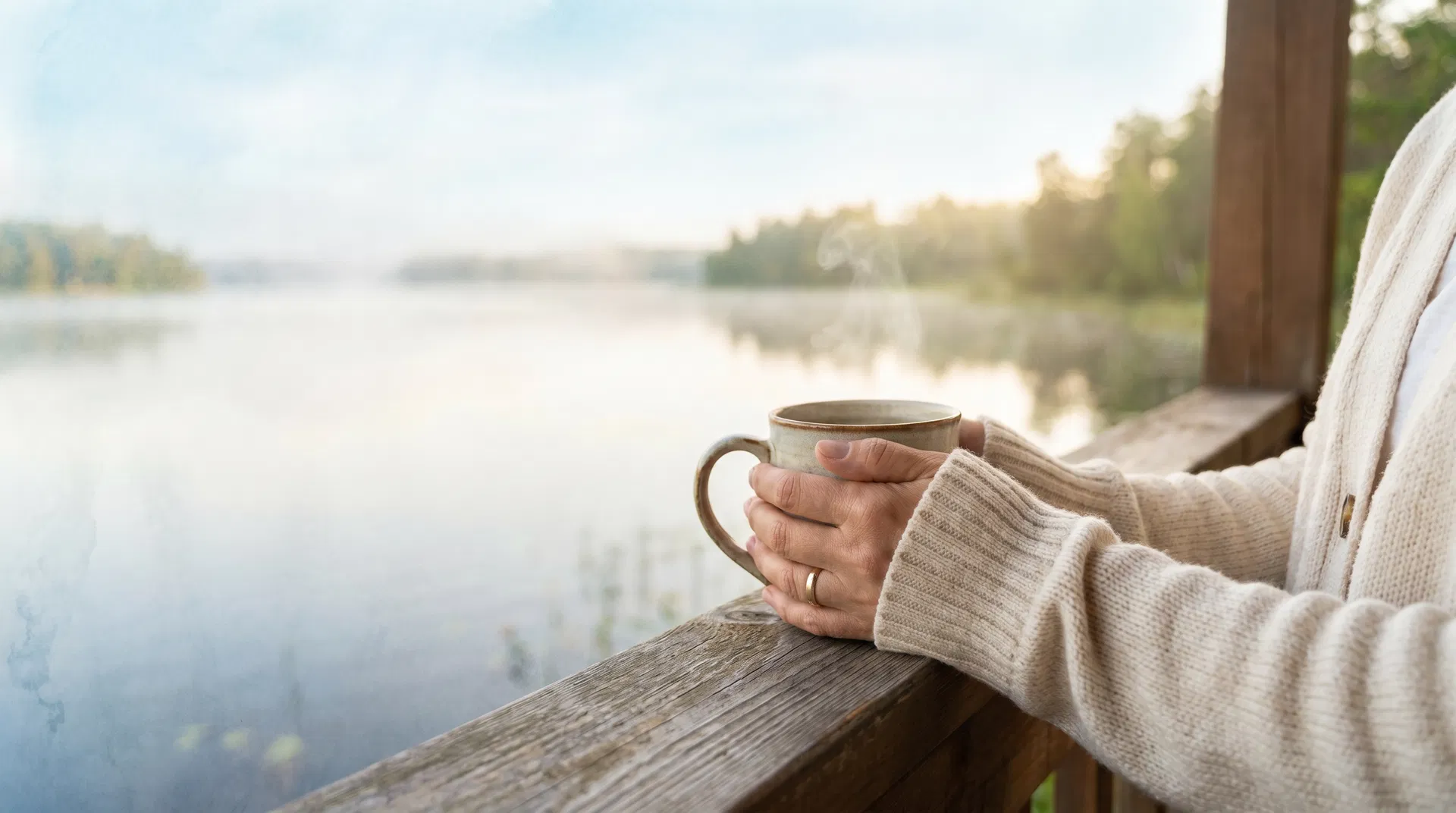 Hands cradling a warm mug of tea on a wooden porch overlooking a calm lake