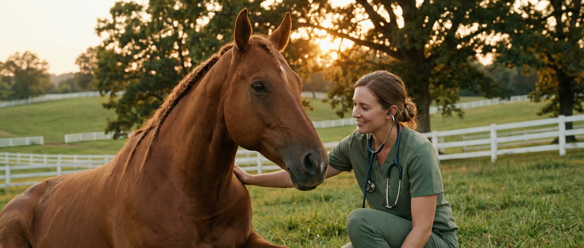 Veterinarian caring for a horse in a pastoral setting
