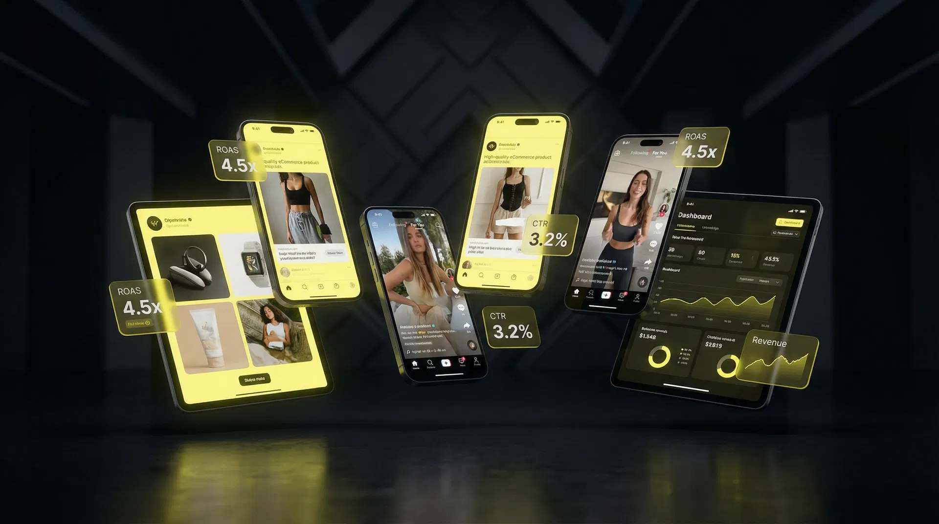 eCommerce ad mockups with performance metrics