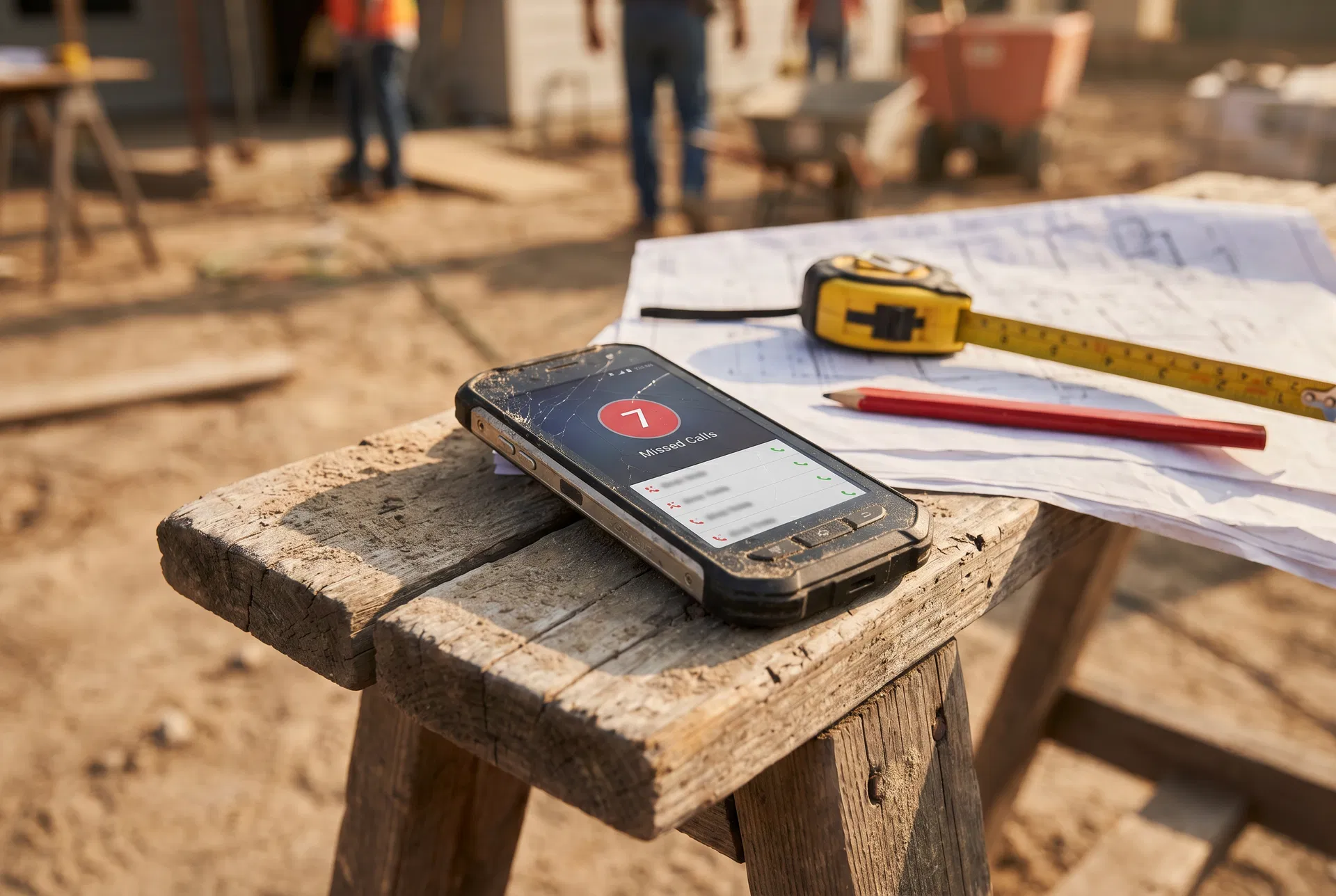 Phone with missed calls on construction site