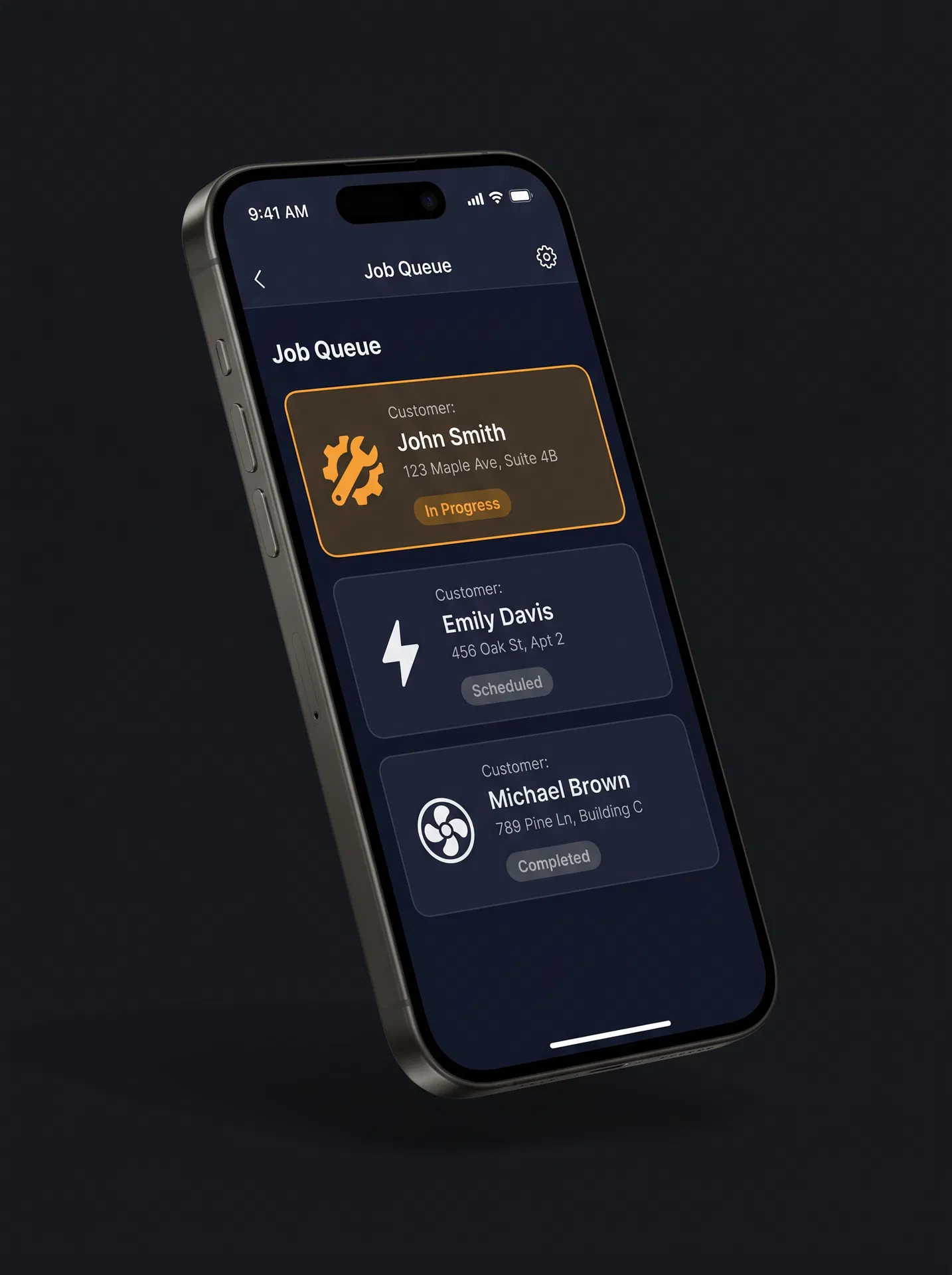 TradeOS mobile app job queue