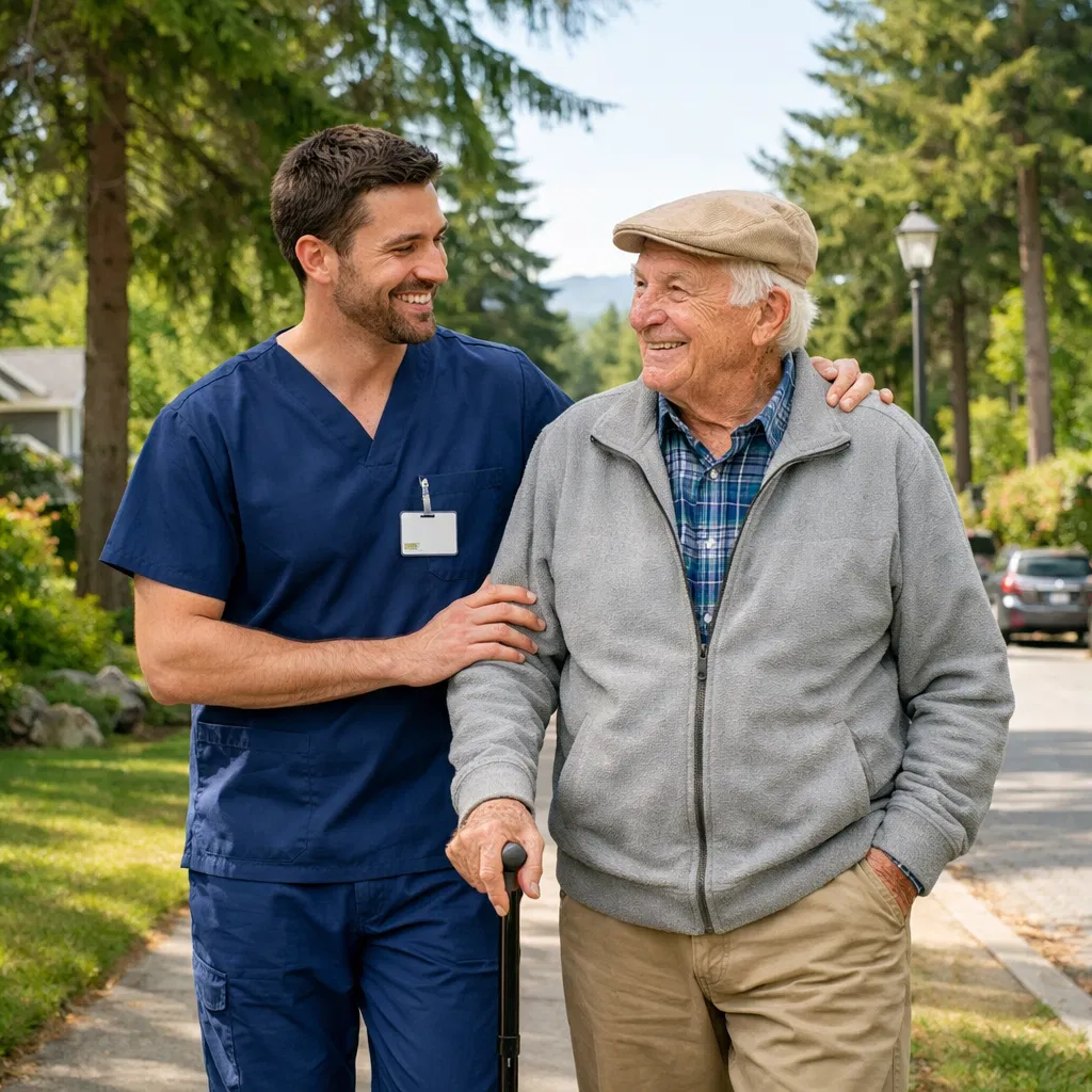 Caregiver and senior walking together in Pacific Northwest neighborhood