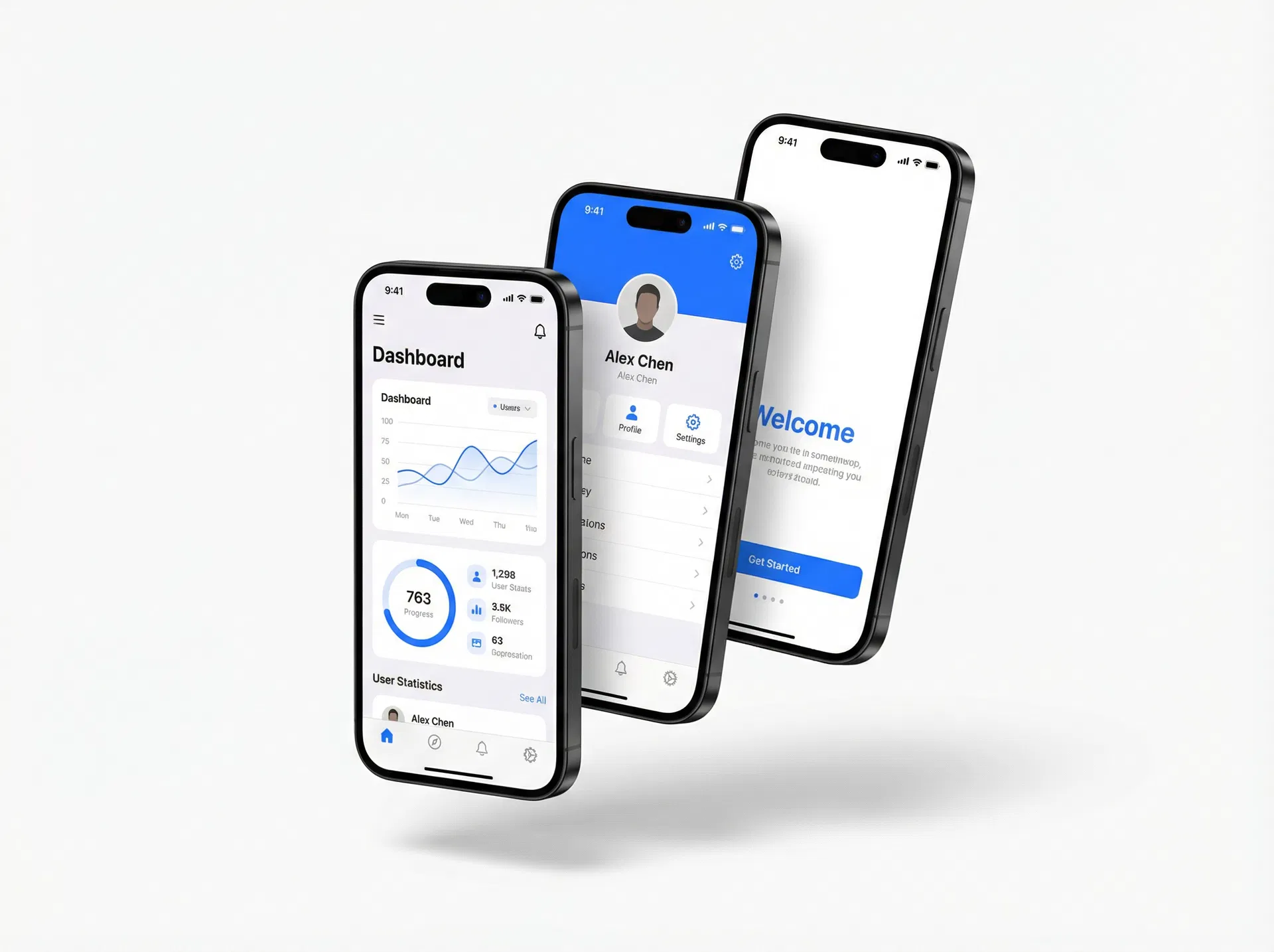 Mobile app mockup showing dashboard and onboarding screens