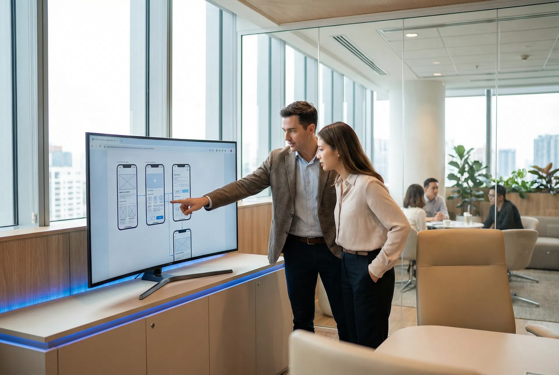 Partnership team reviewing app wireframes