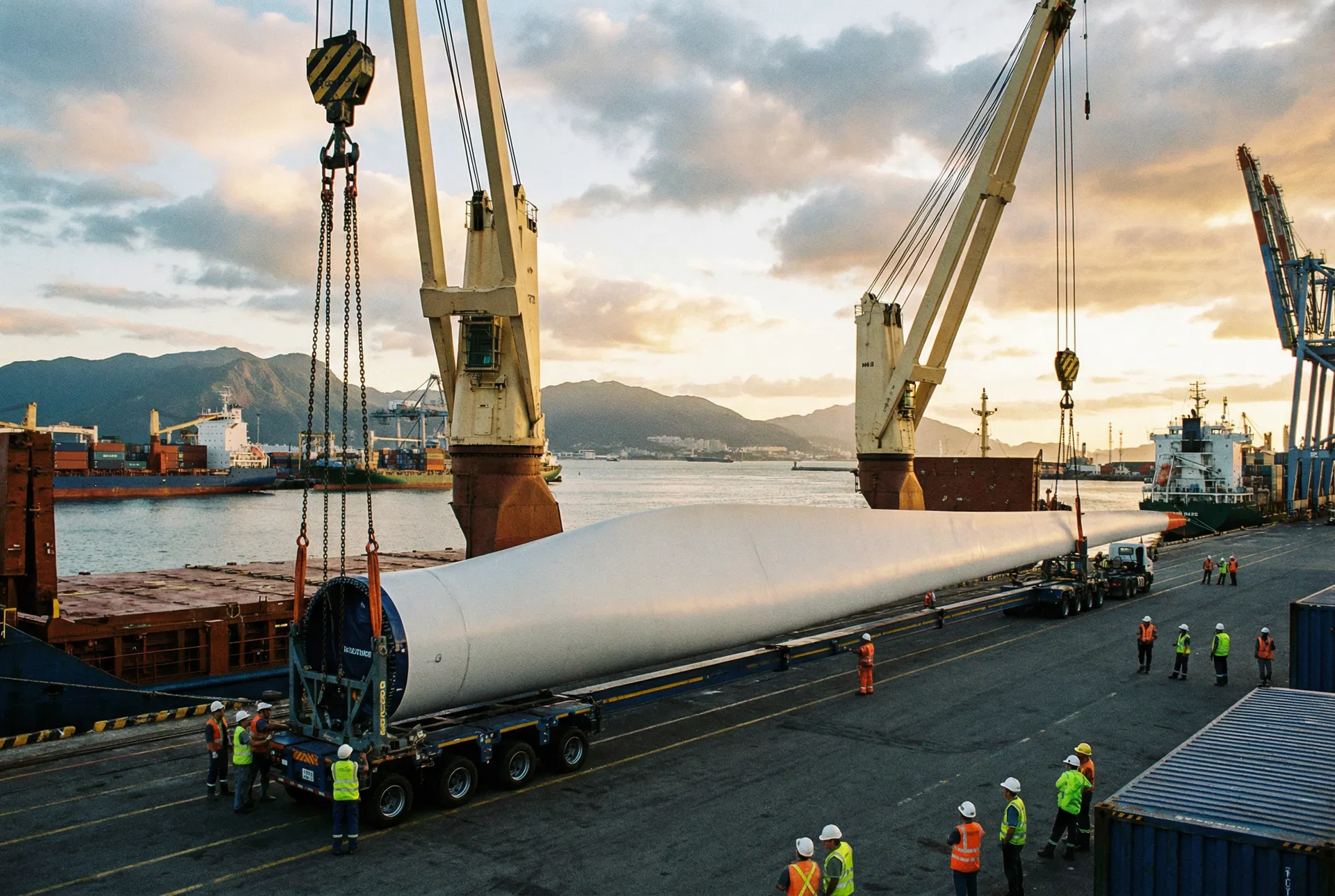 Wind turbine blade loading at port facility