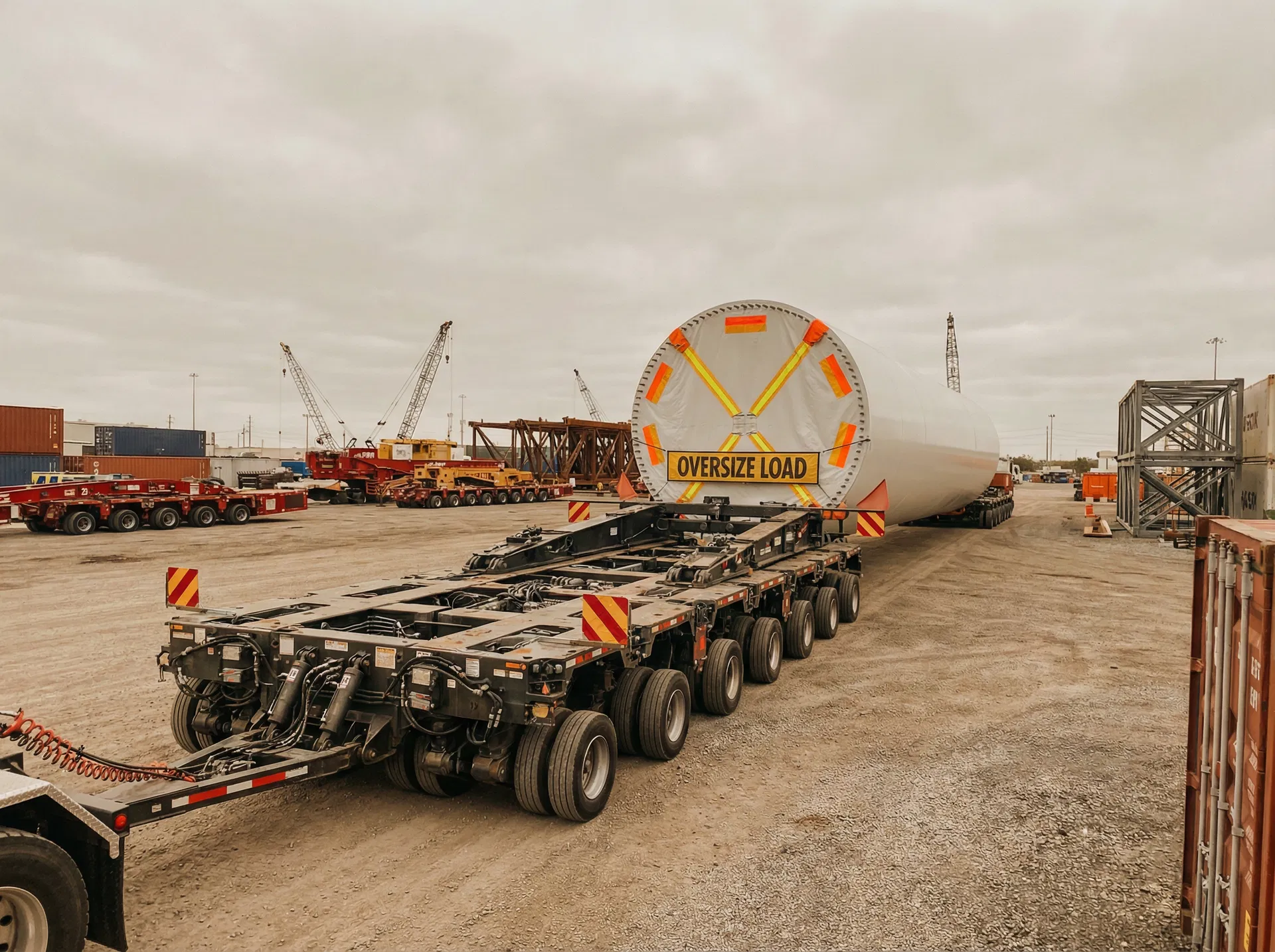 Multi-axle modular trailer carrying wind turbine tower section
