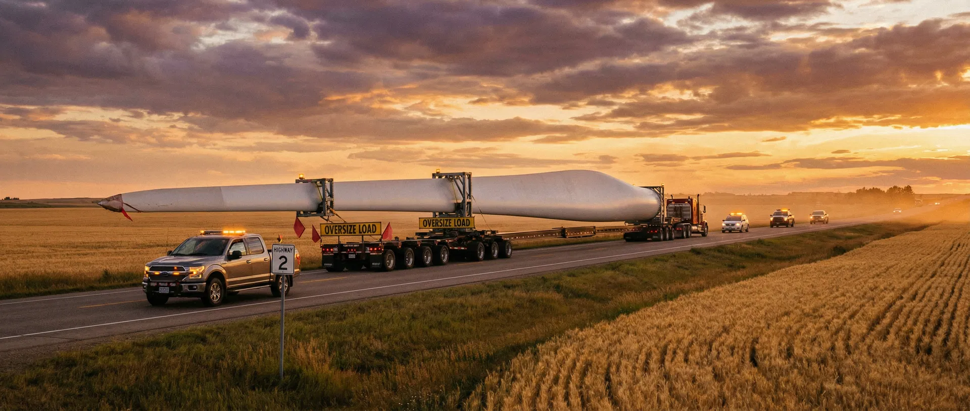 Wind turbine blade transport on Canadian prairie highway