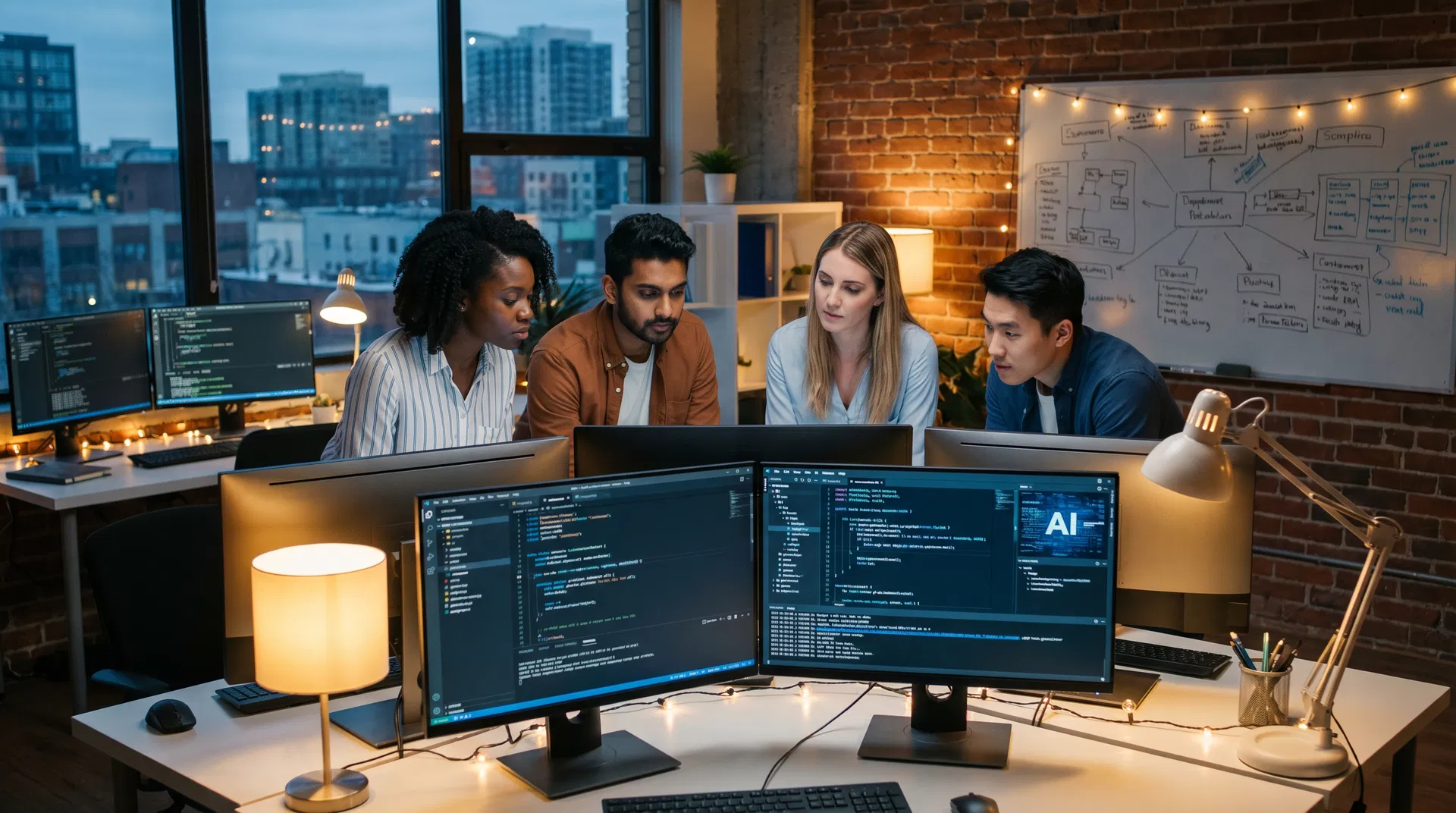 Students collaborating in a modern tech workspace