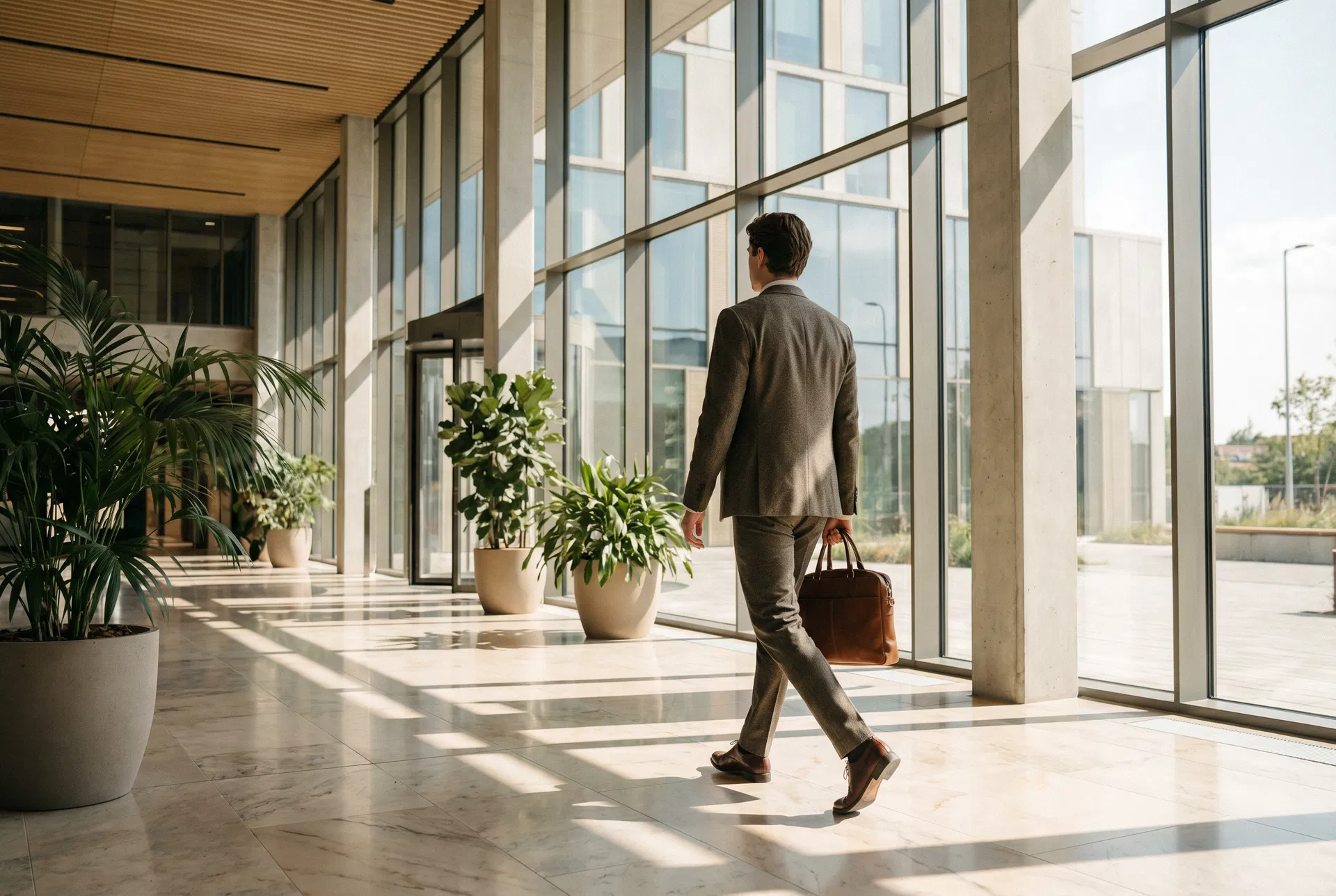 Professional walking into a modern office