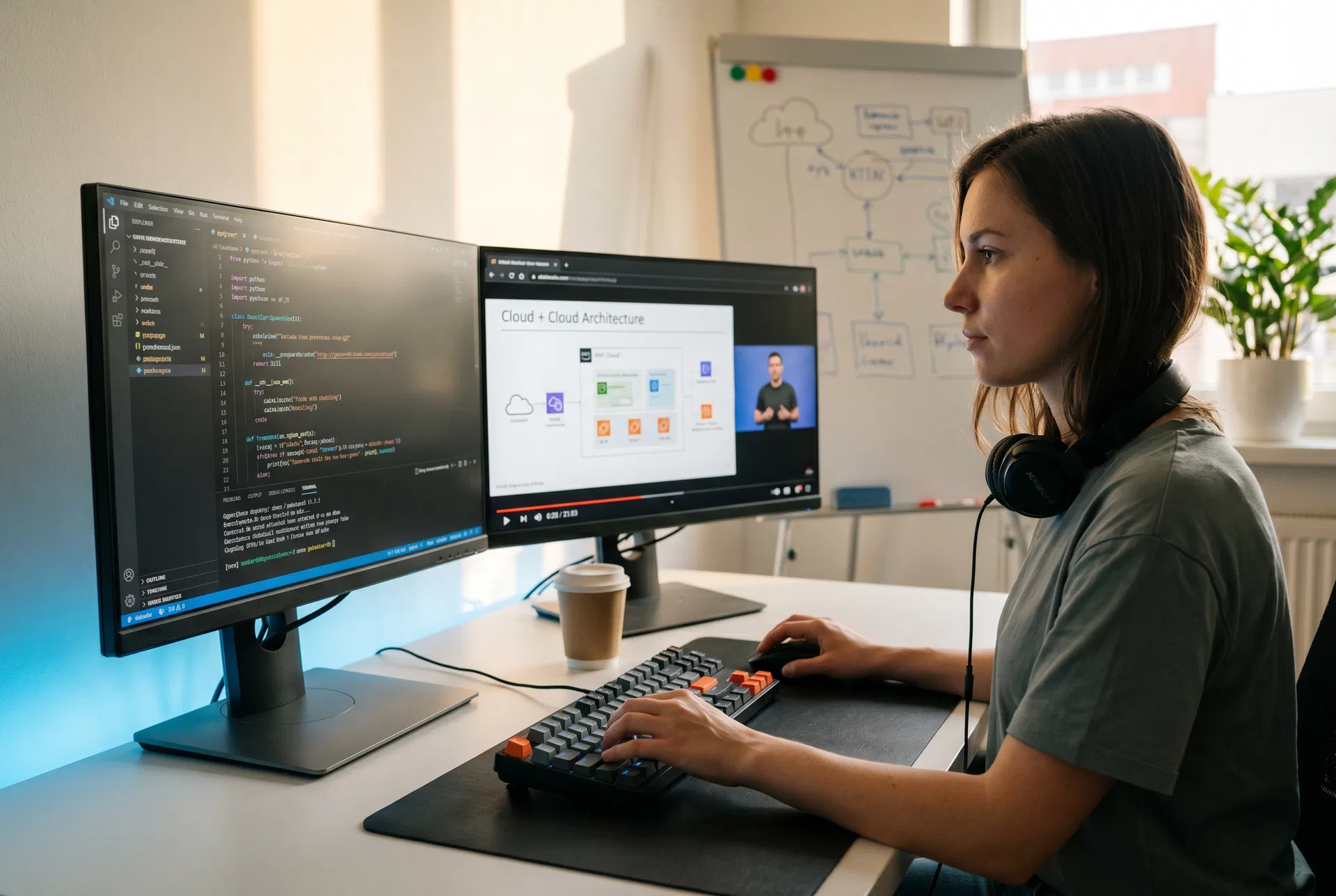 Student learning cloud engineering with dual monitors showing code and video lecture