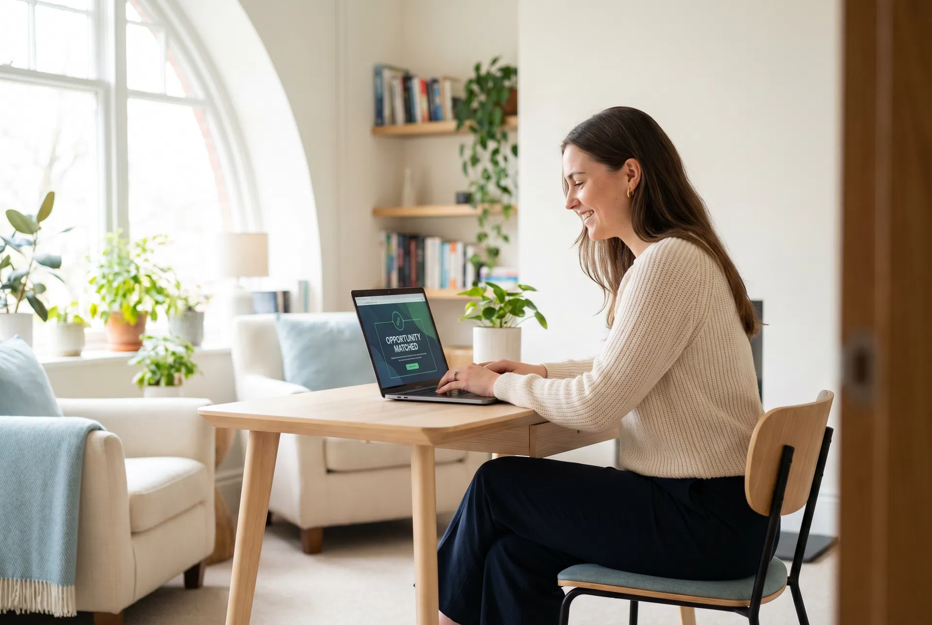 Professional finding matched job opportunities on laptop in a bright home office