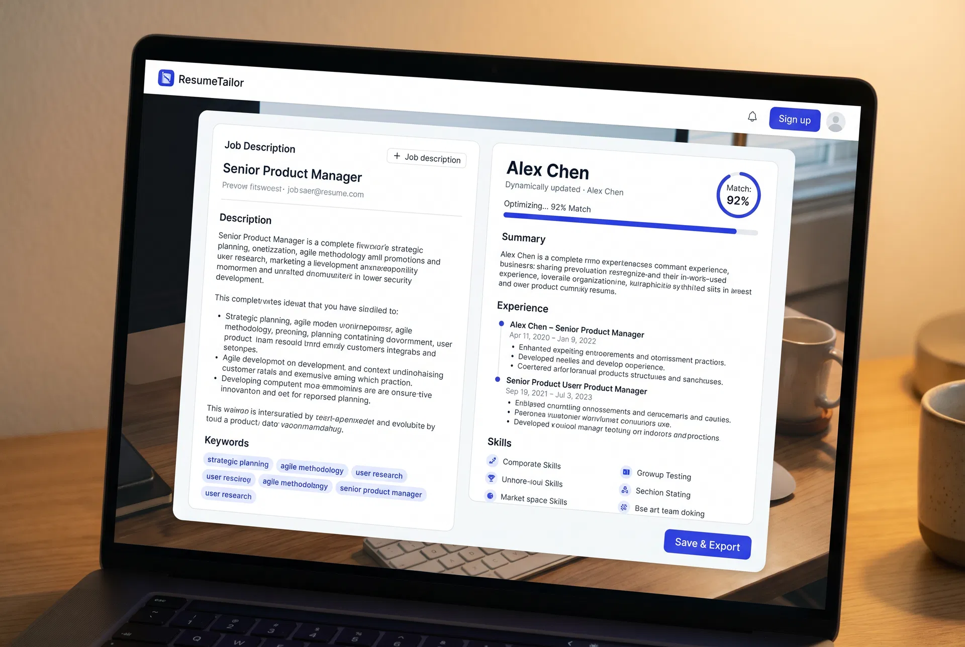CareerGenius resume tailoring interface showing job description analysis and dynamic resume optimization