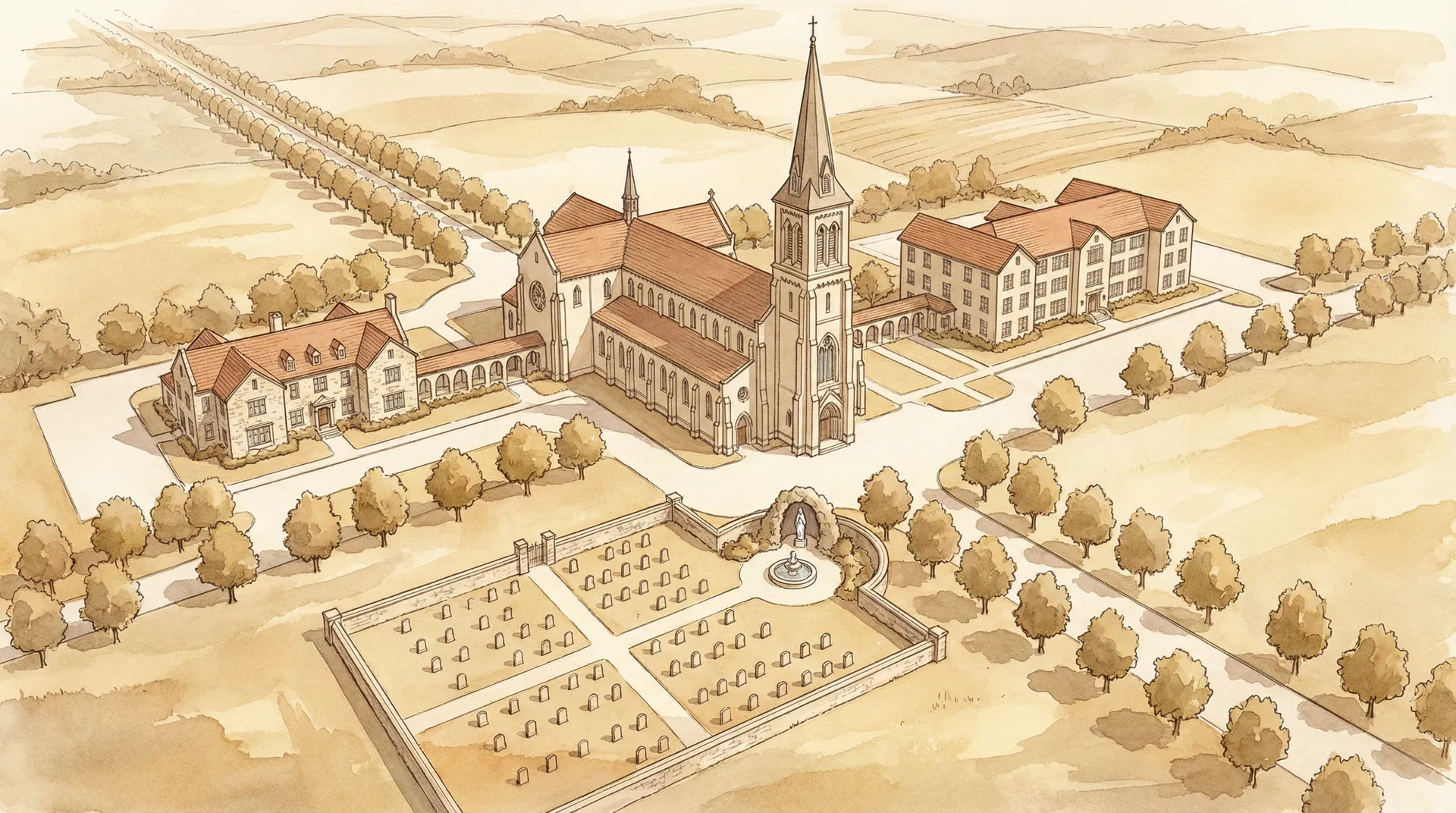 Aerial view of a full Catholic church campus