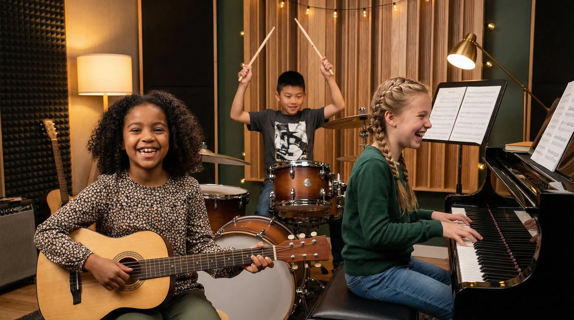 Kids happily playing guitar, drums, and piano at Harborfields Music Center studio
