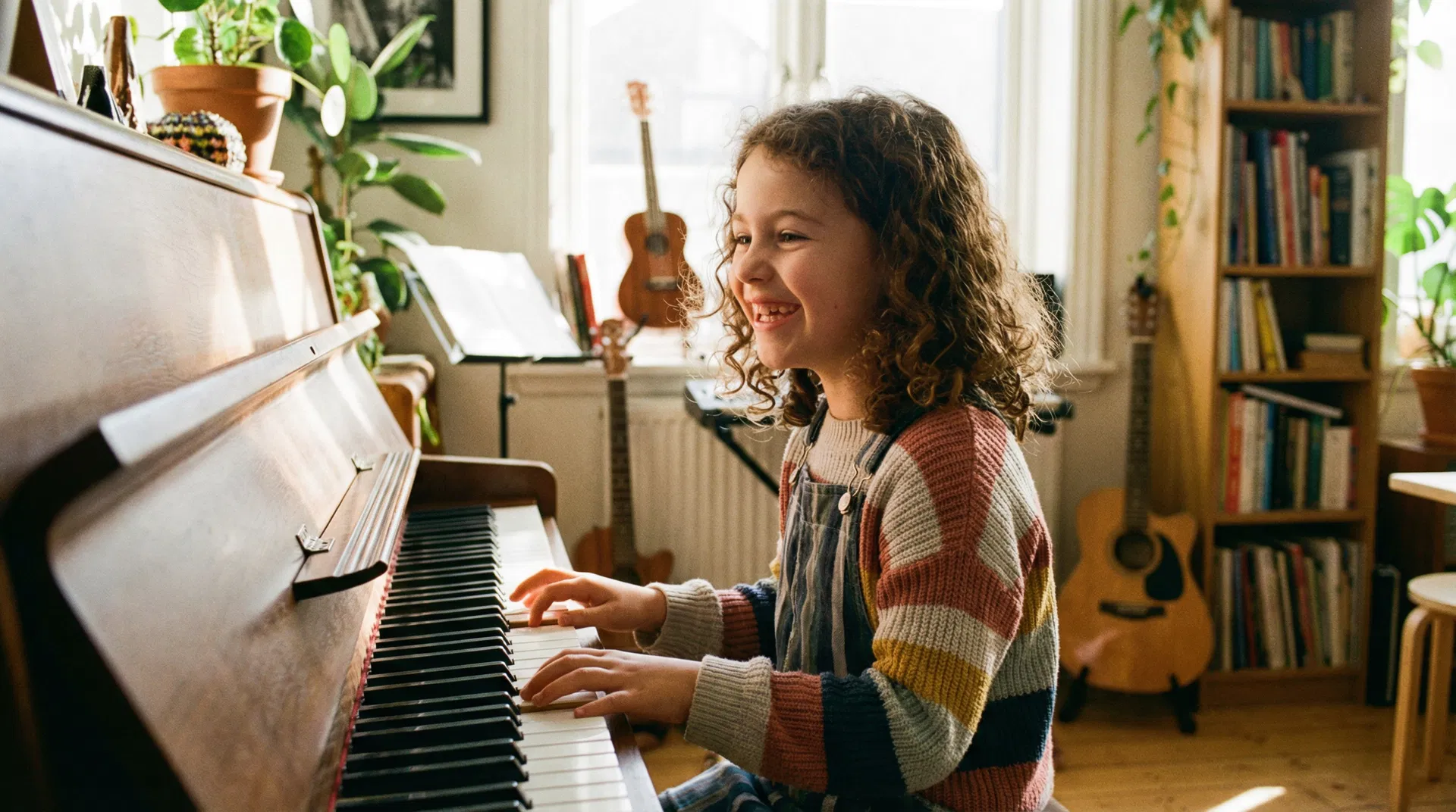 Child confidently playing piano