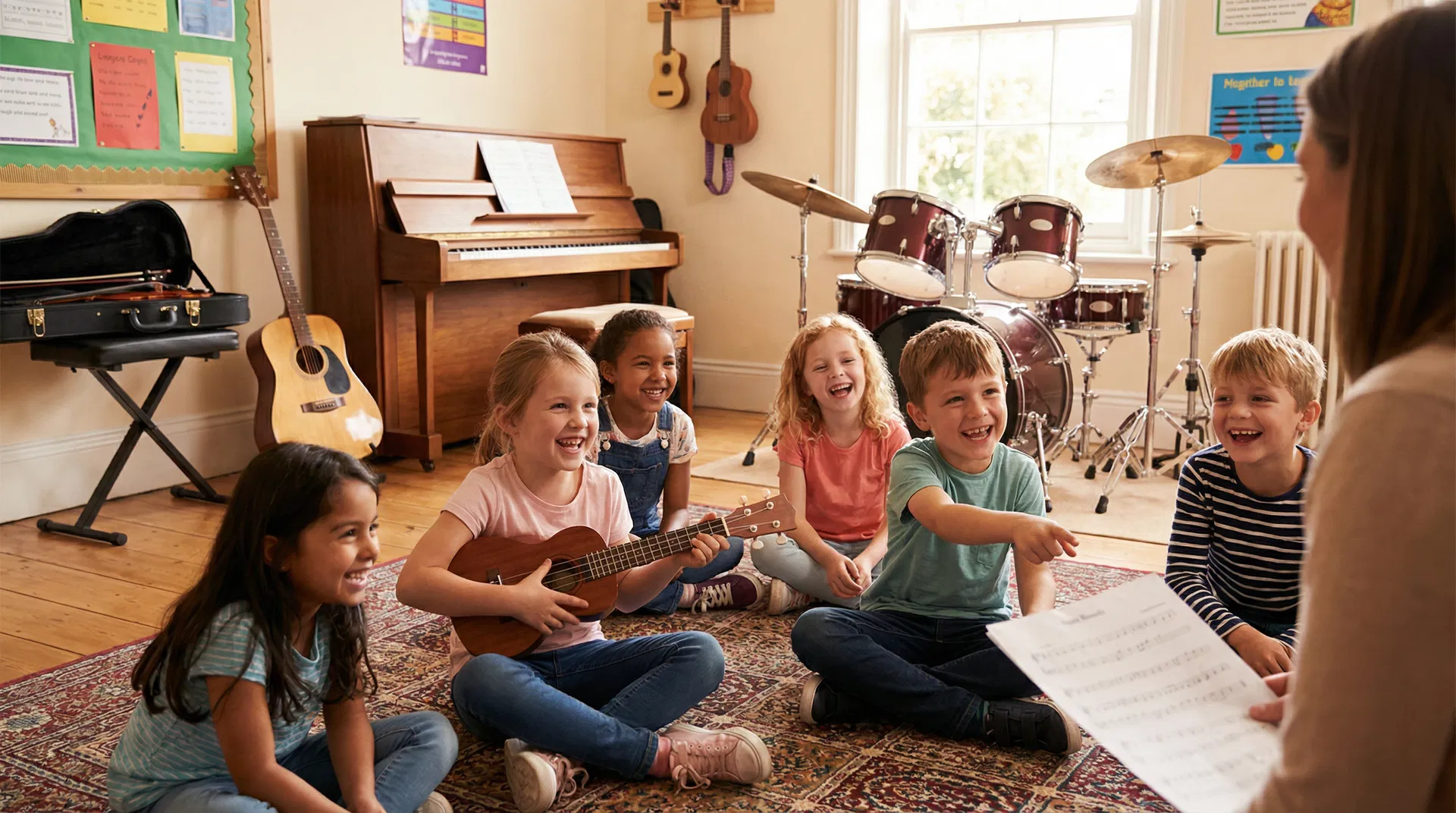 Diverse group of happy children in music class