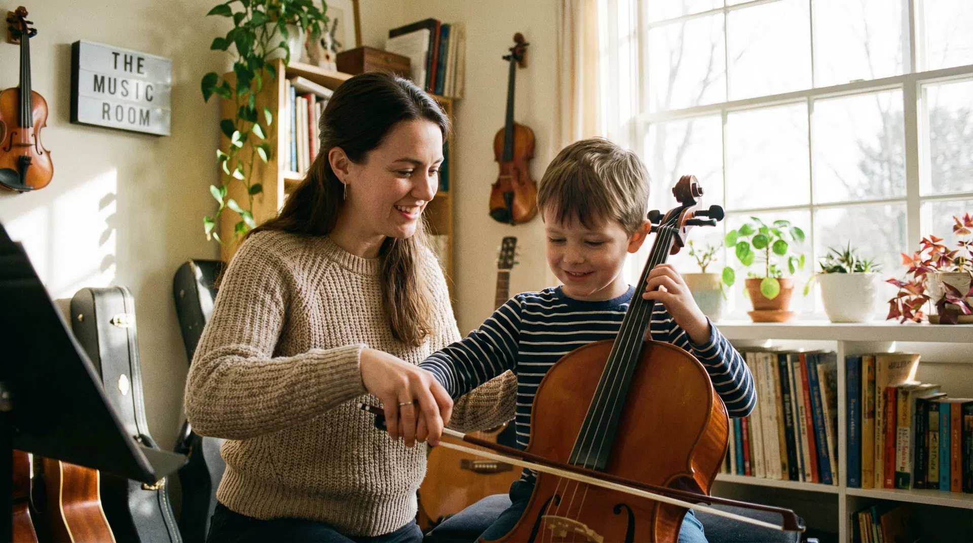 Music teacher guiding student