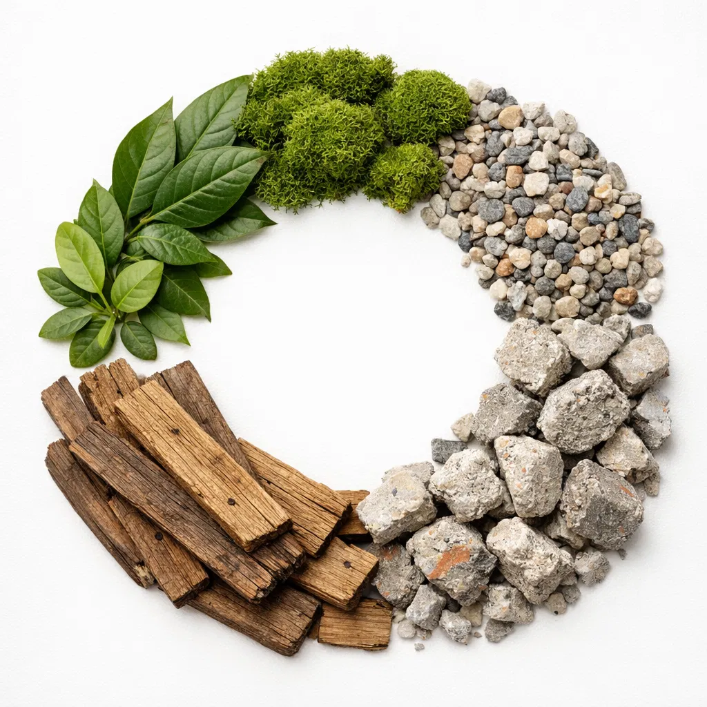 Circular economy materials arrangement — repurposed industrial materials for B2B buyers