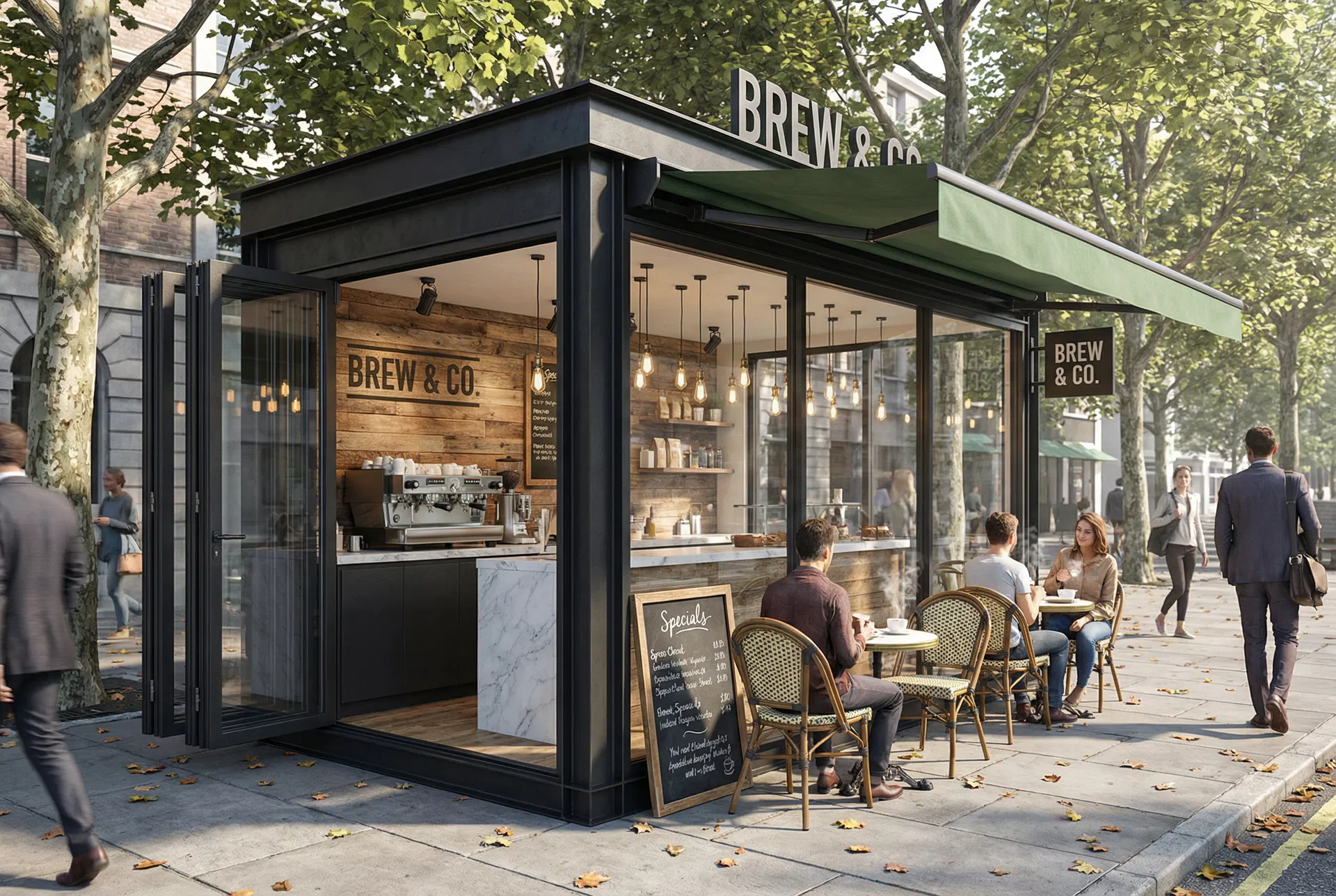 Brew & Co. outdoor coffee kiosk designed by Grafica Studios