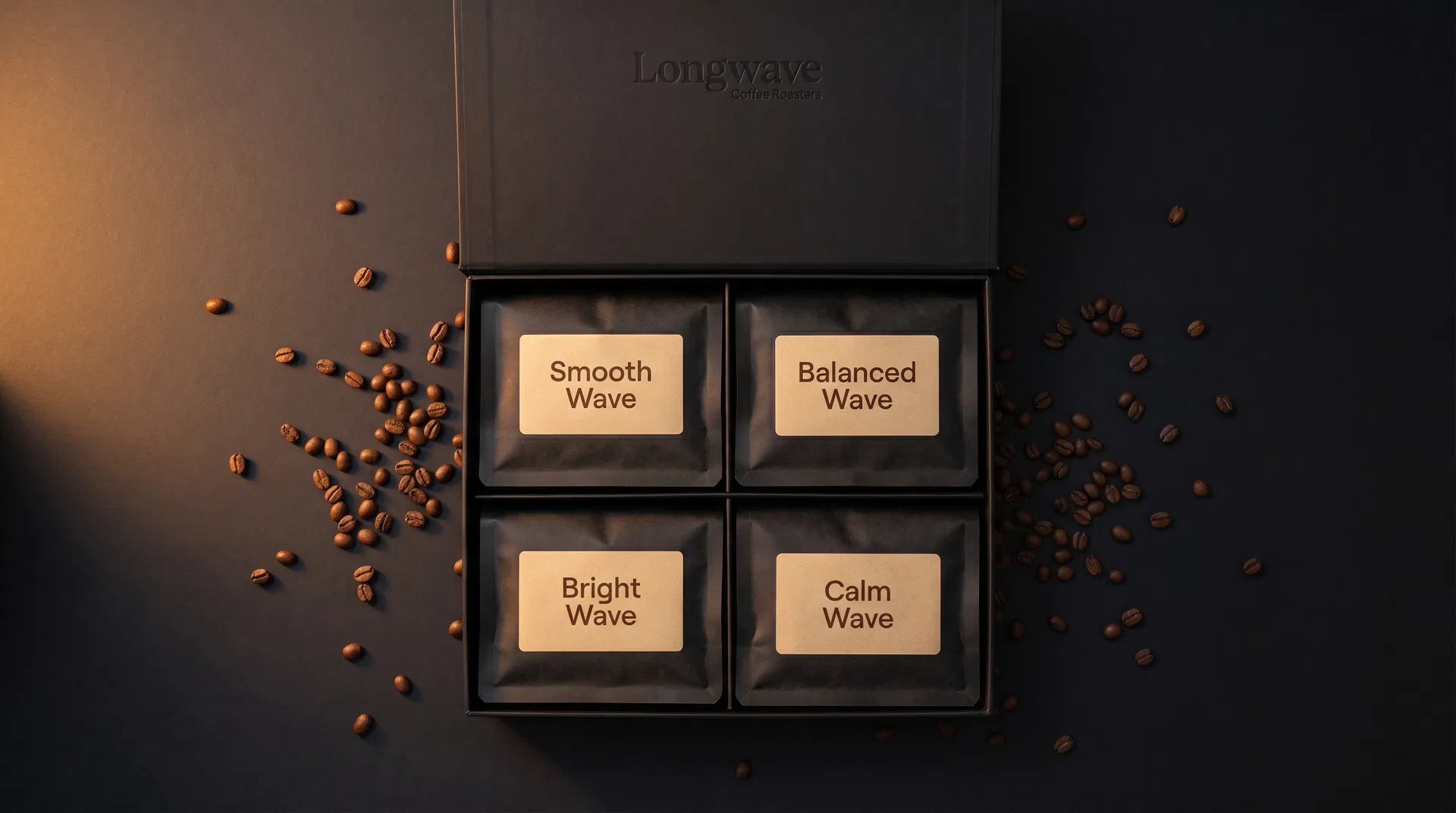 Explorer Box — open gift box with four Longwave coffee sample packs: Smooth Wave, Balanced Wave, Bright Wave, Calm Wave