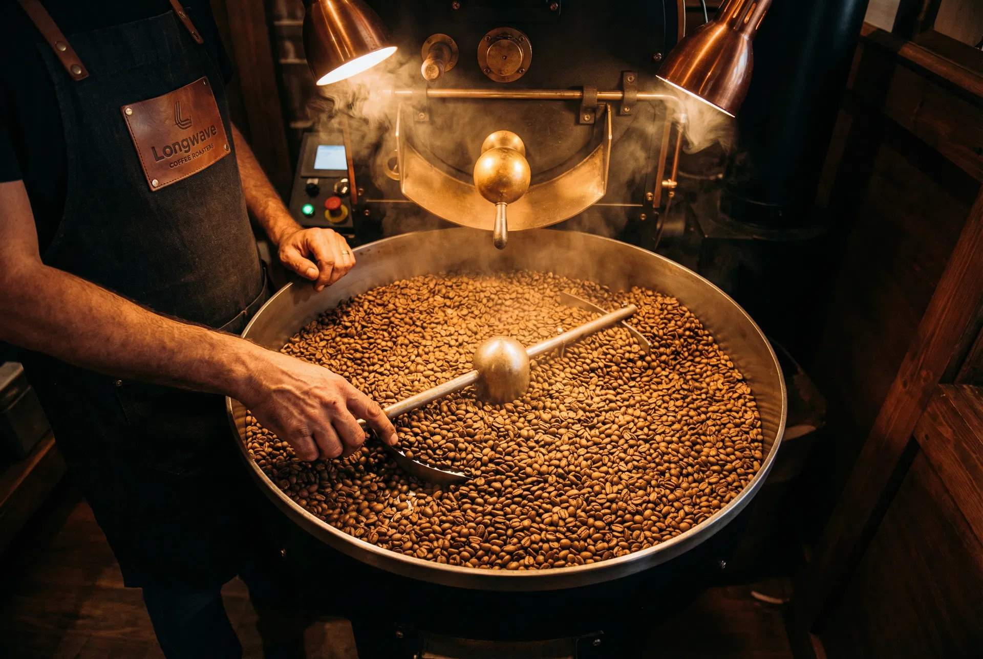 Artisan roaster checking freshly roasted beans in a cooling tray