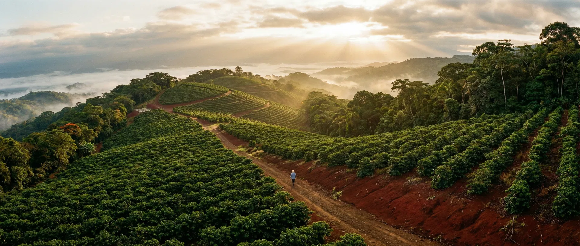 Aerial view of a lush coffee farm on a misty mountainside at golden hour
