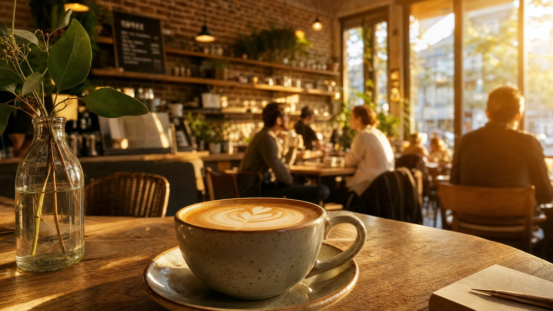Warm cafe interior with golden morning light