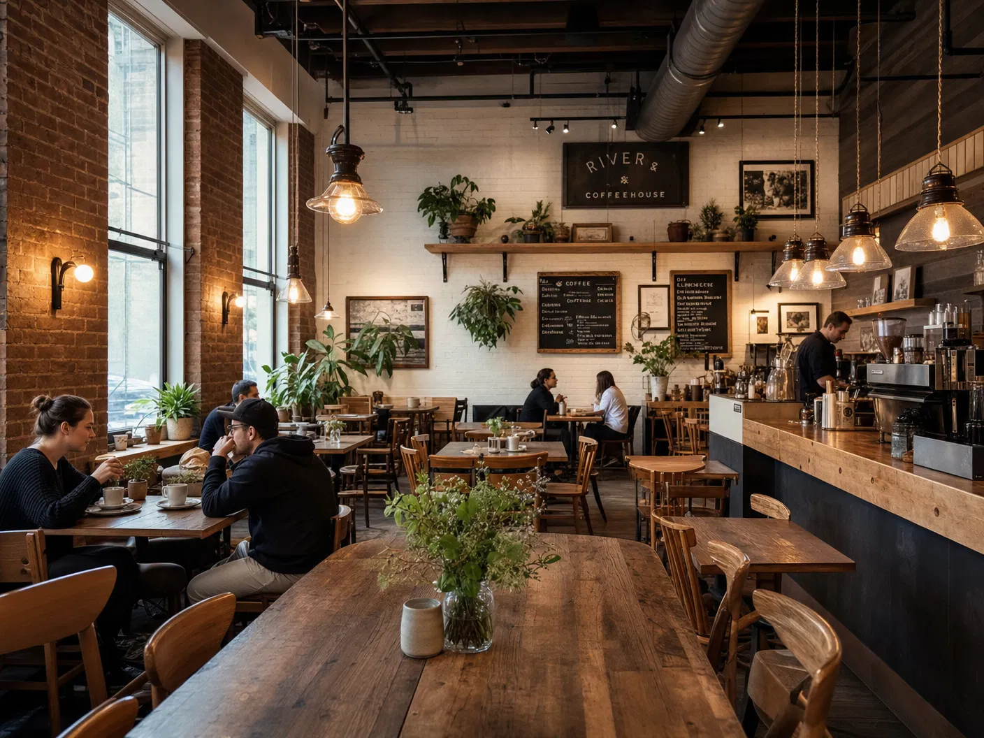 Cozy cafe interior with warm lighting