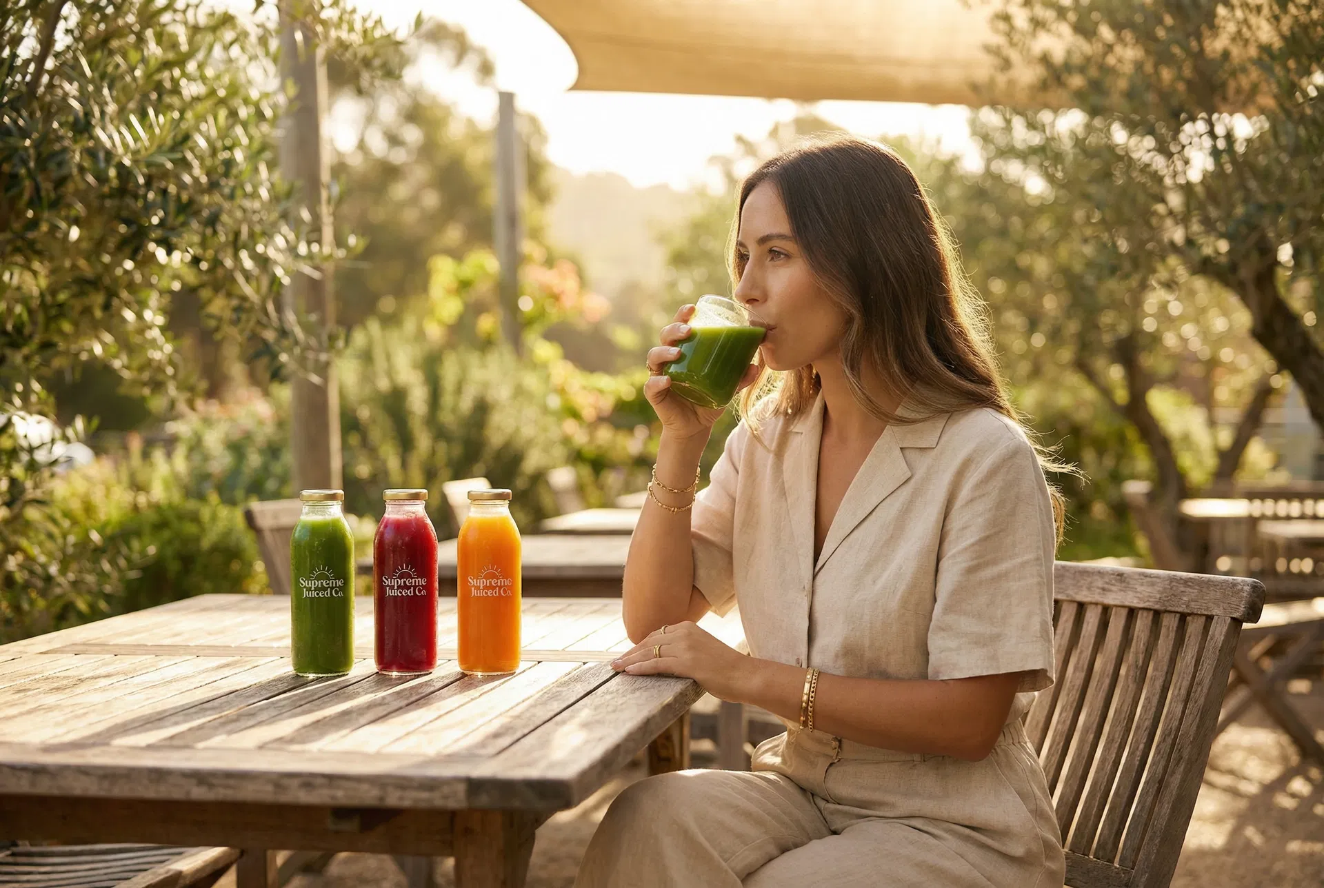 Woman enjoying Supremely Juiced Co. juices outdoors