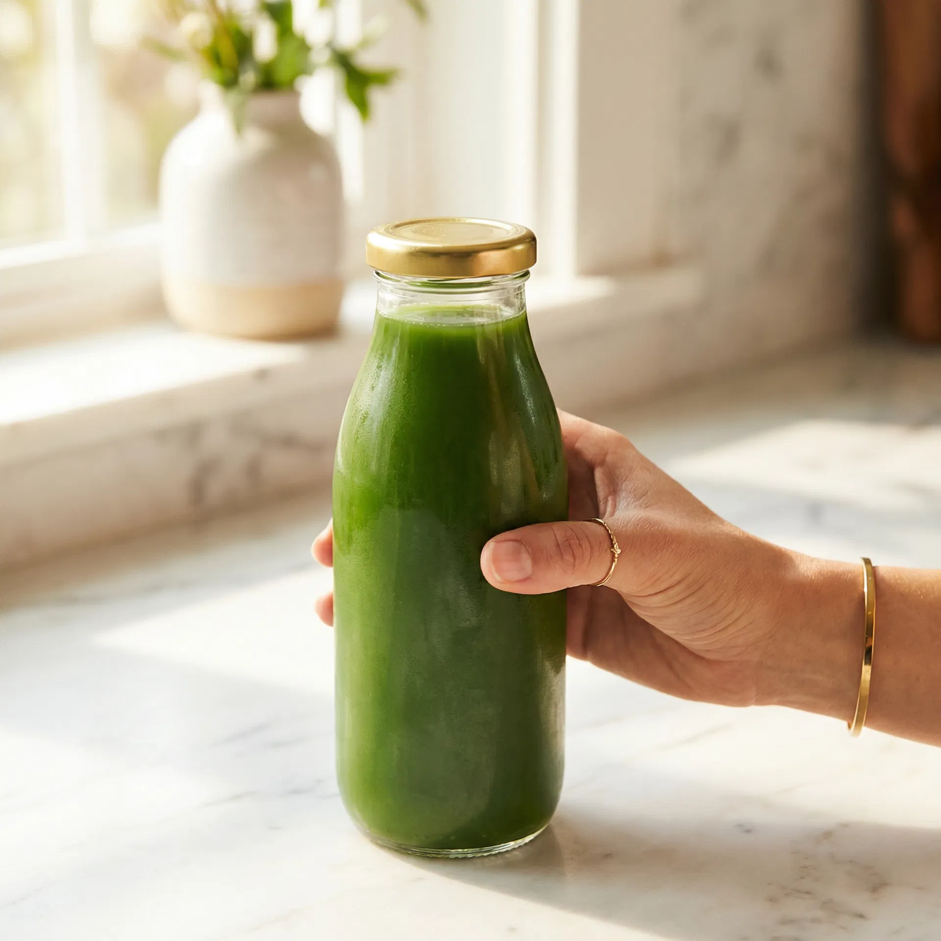 Hand holding a green cold-pressed juice bottle with gold lid in a sunlit marble kitchen