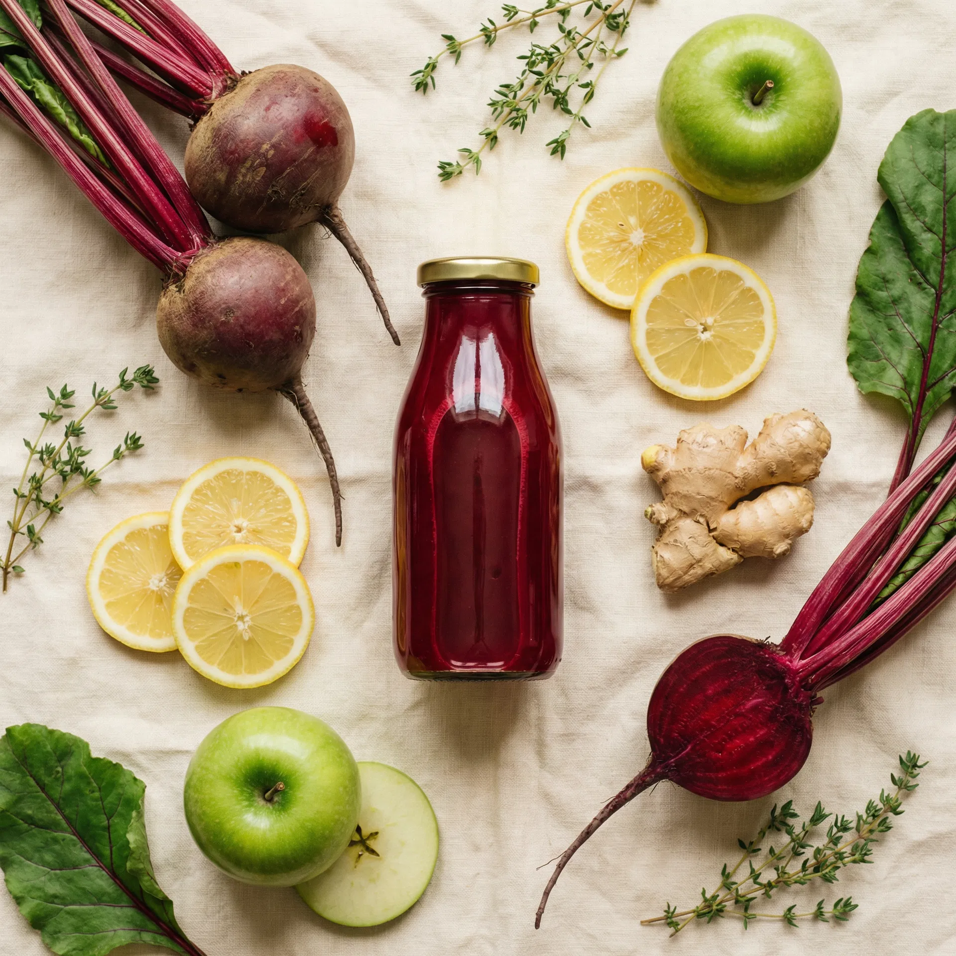 Overhead flat lay of Upbeet juice bottle surrounded by fresh beets, lemons, green apples, and ginger
