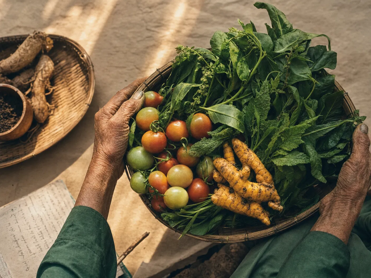Bà con nông dân với rổ rau củ tươi