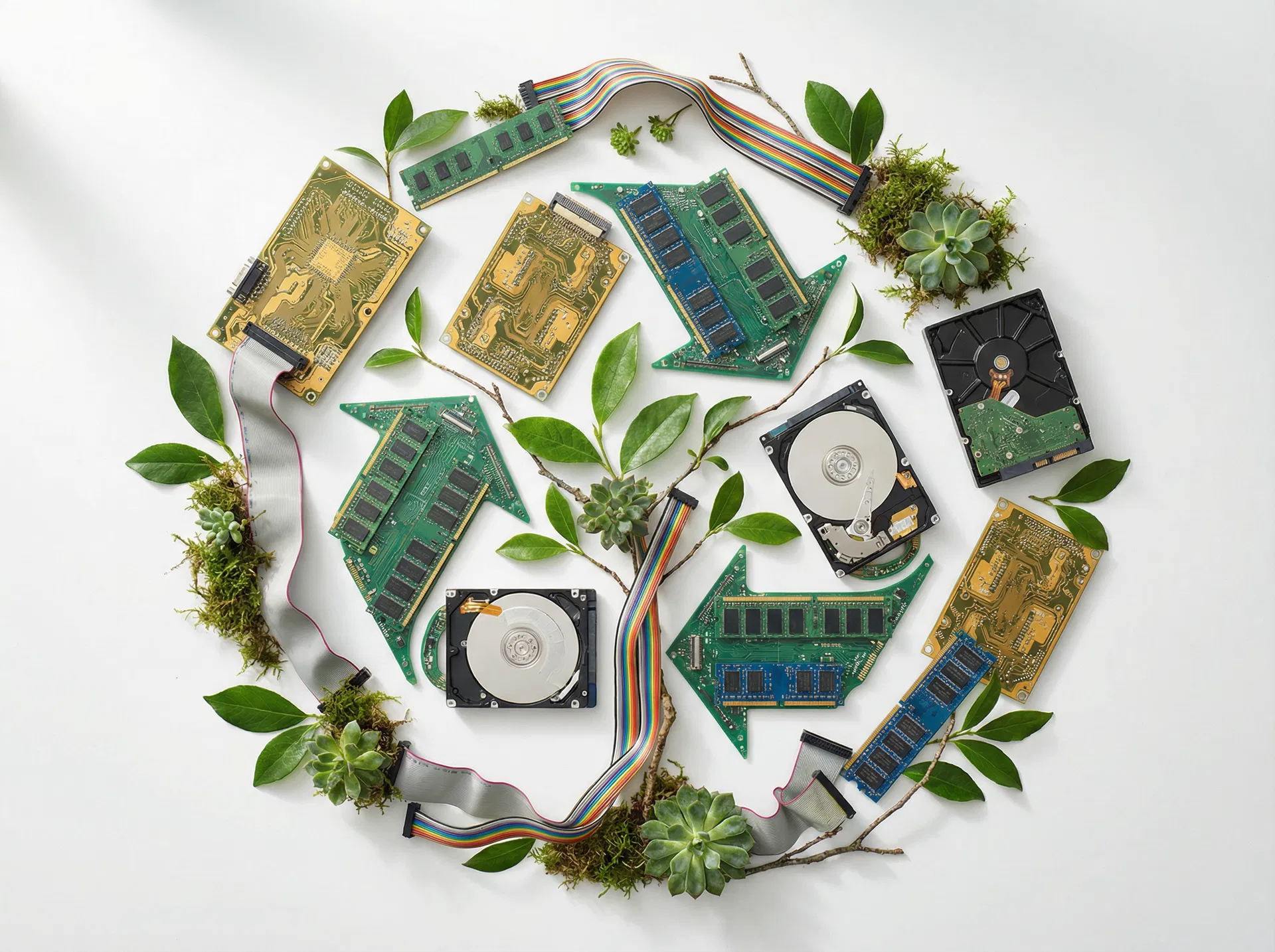 回收電腦零件與綠色植物融合的藝術圖片,象徵科技與自然的和諧共存