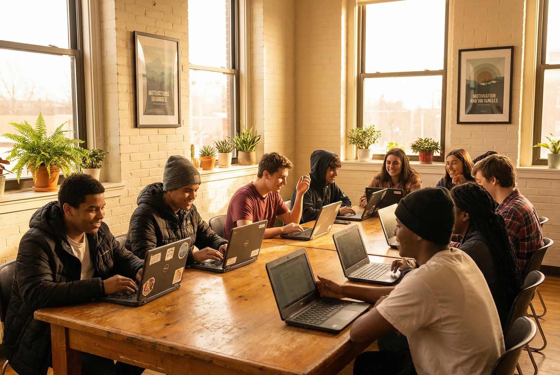 受捐贈的學生們在社區中心開心地使用翻新後的筆記型電腦