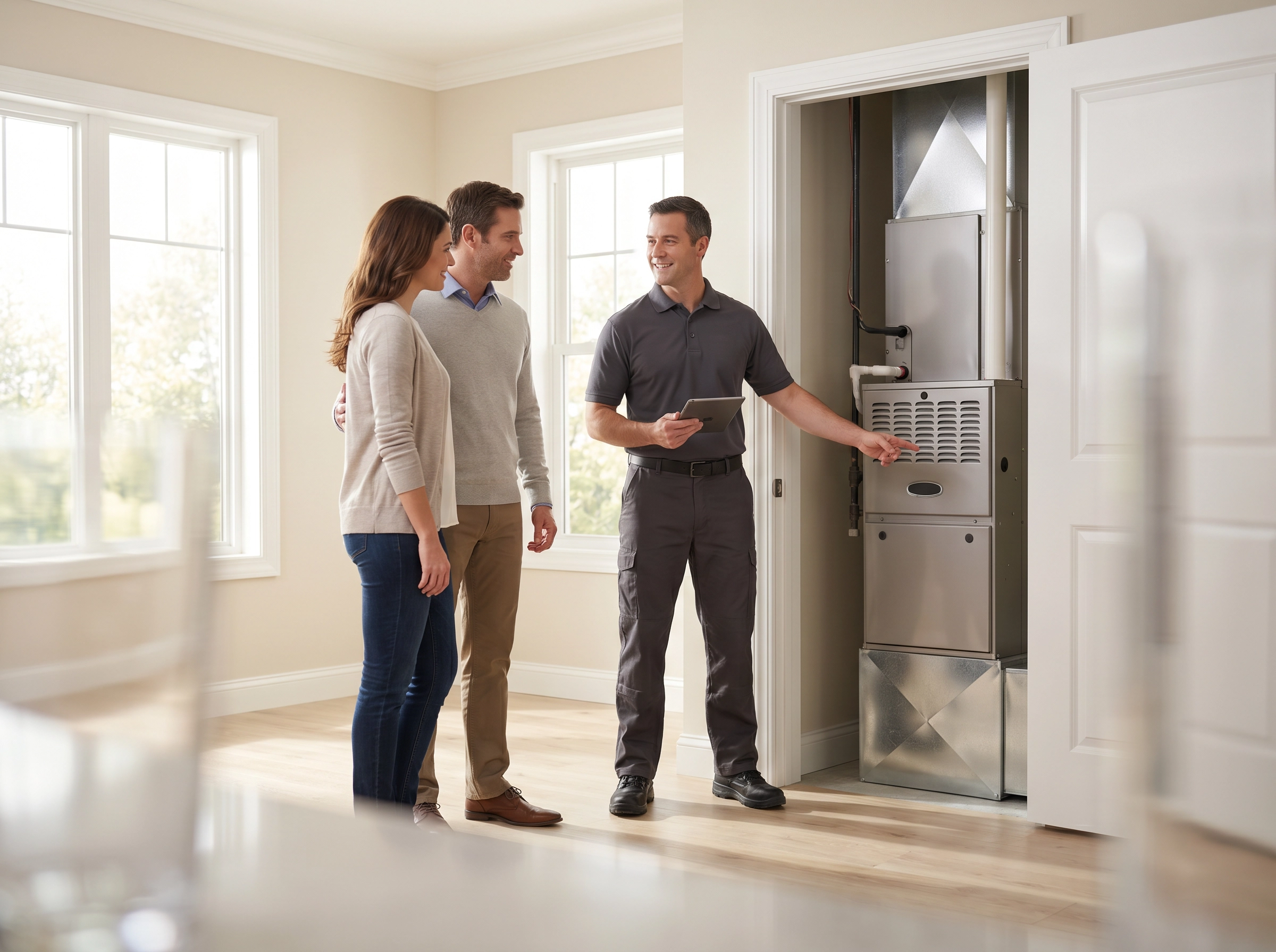 Technician reviewing a newly installed indoor HVAC system with homeowners inside a bright modern home.