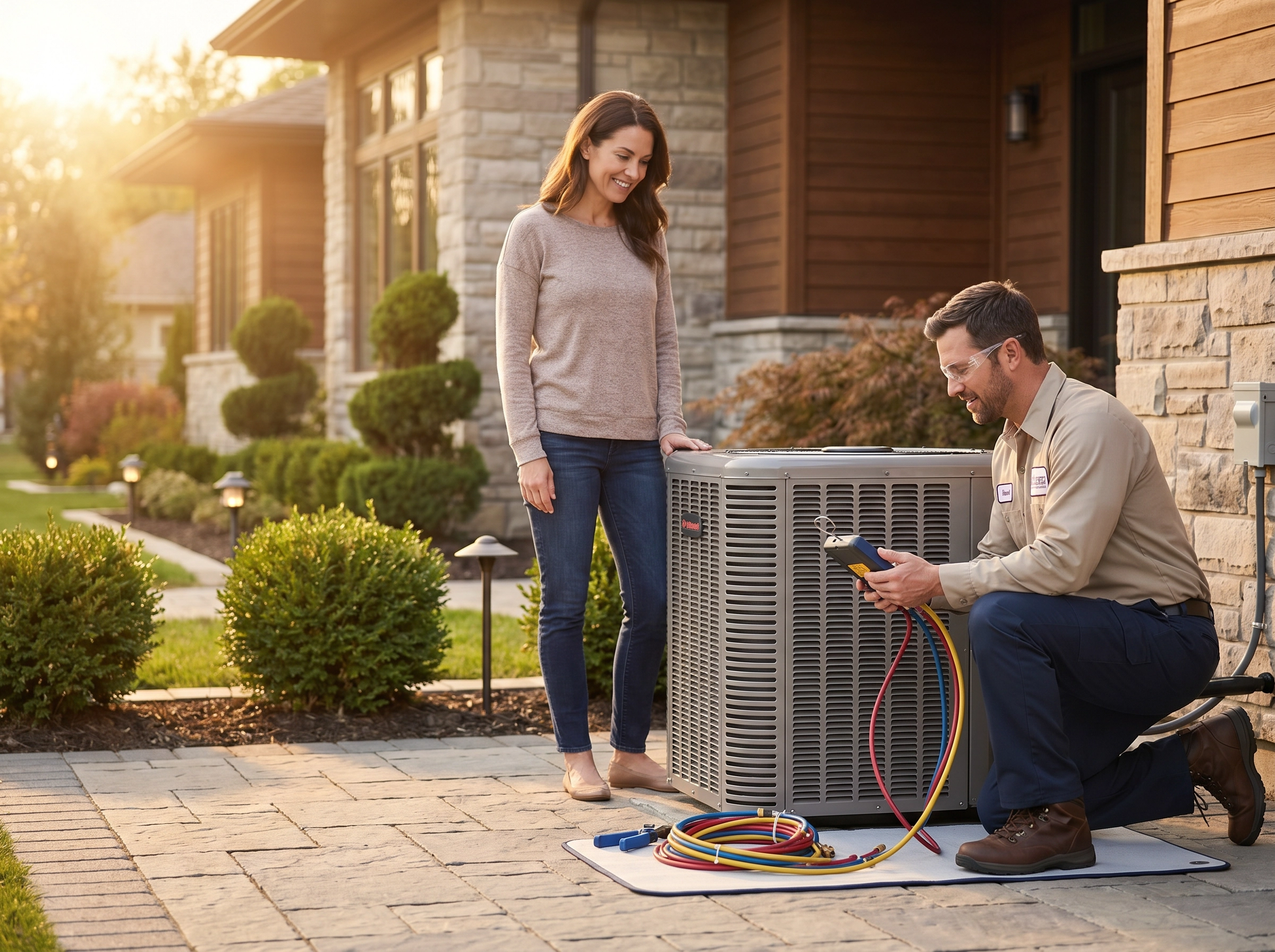 Technician finishing setup on a new outdoor condenser while a homeowner watches outside a contemporary home.