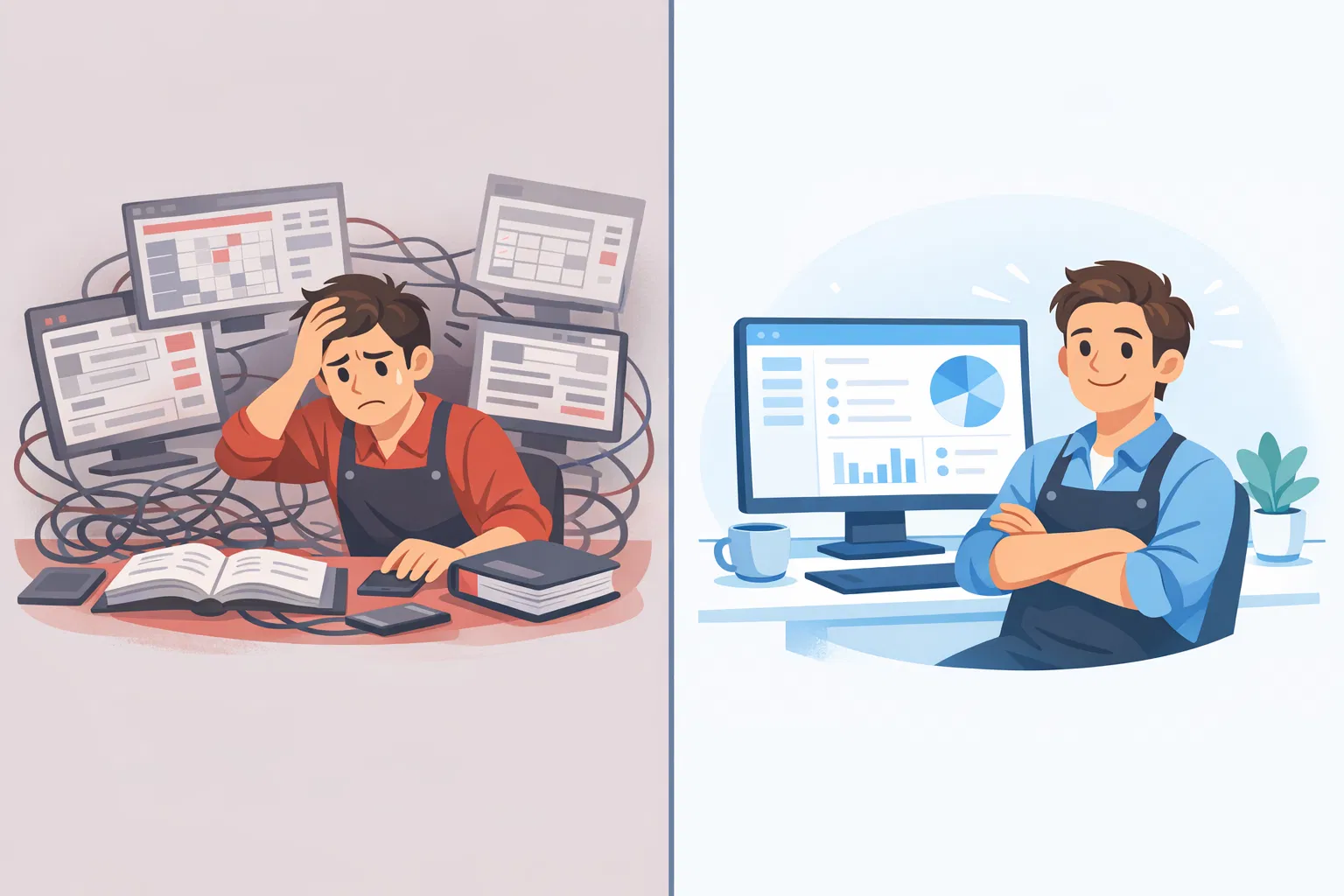 Split-screen comparison: frustrated business owner overwhelmed by complex enterprise software on the left, same person relaxed and confident with simple EdgyDash dashboard on the right