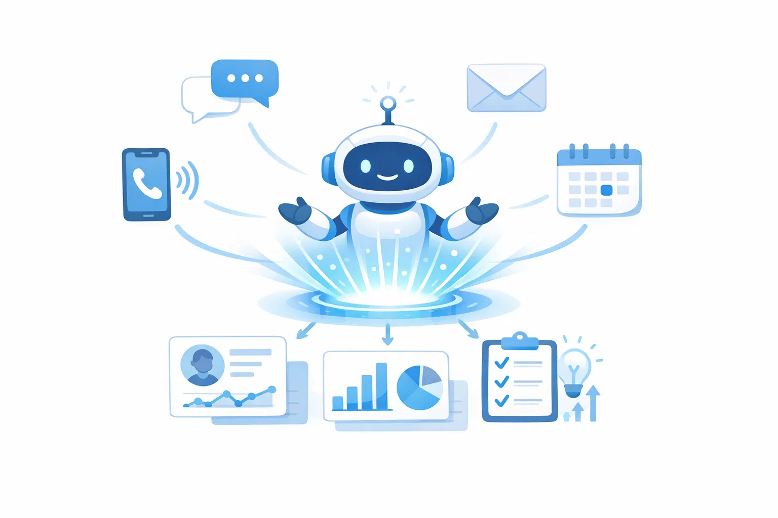 AI assistant capturing information from phone calls, conversations, emails, and calendar events, transforming them into organized customer profiles, charts, and action items