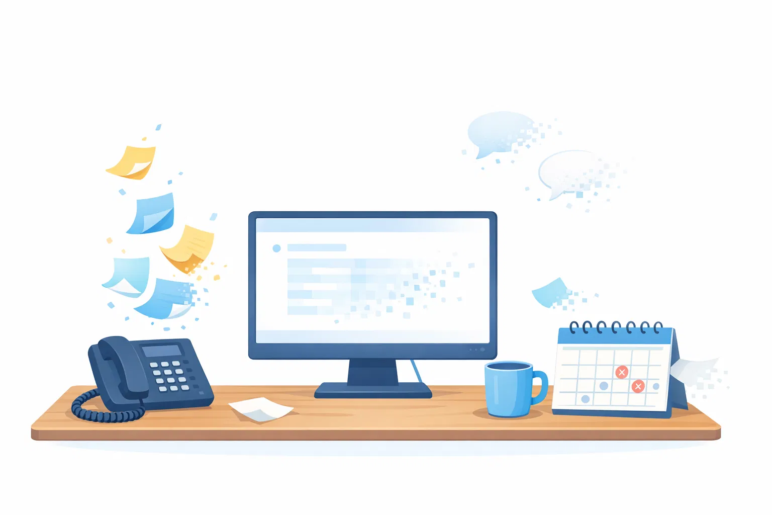 Office desk with sticky notes, phone calls, and data floating away — illustrating how valuable business information disappears daily