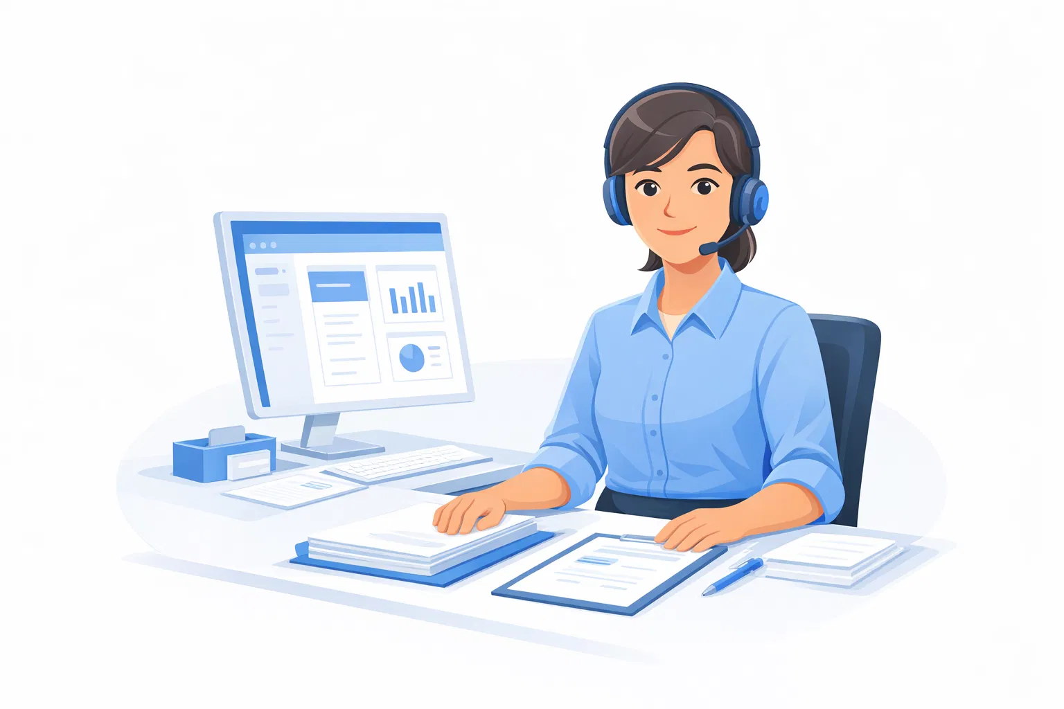 Office manager at desk managing multiple tasks