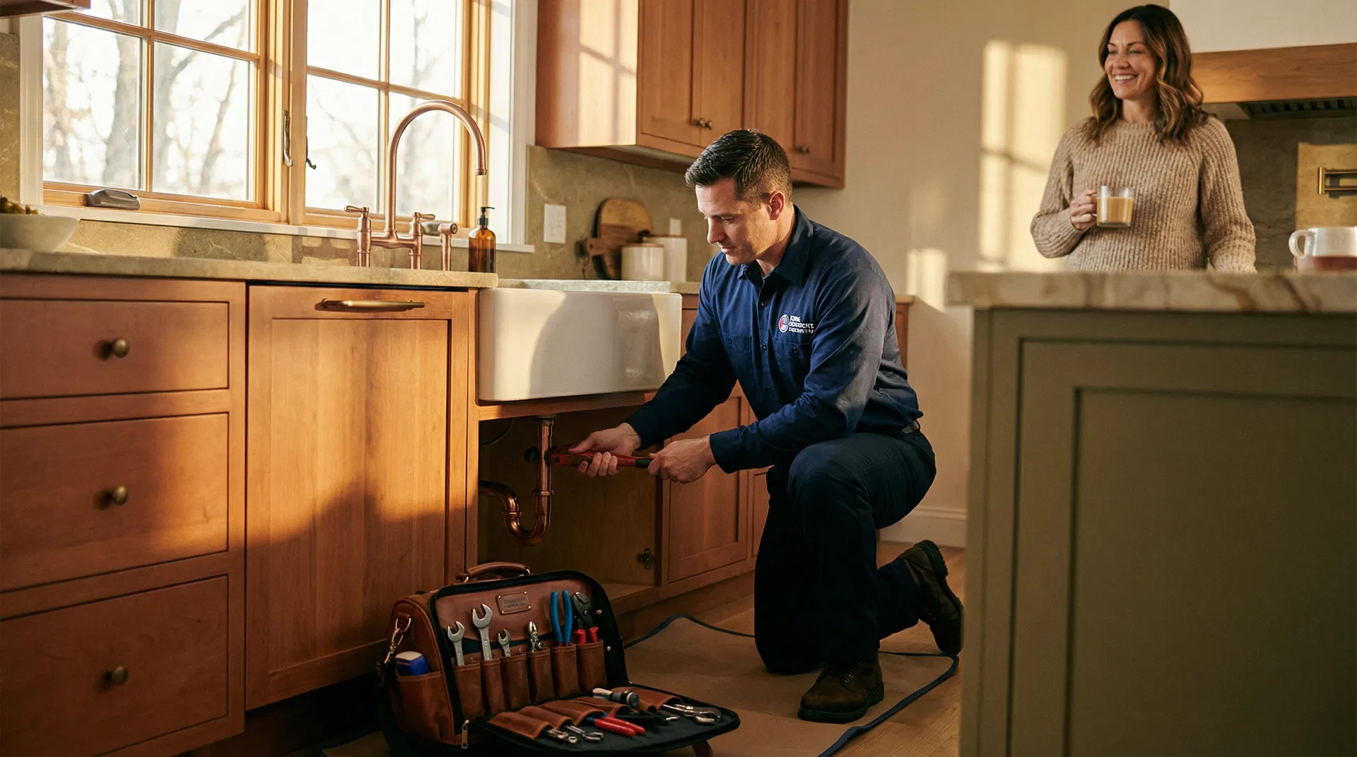 Professional home service technician working on kitchen plumbing with homeowner watching
