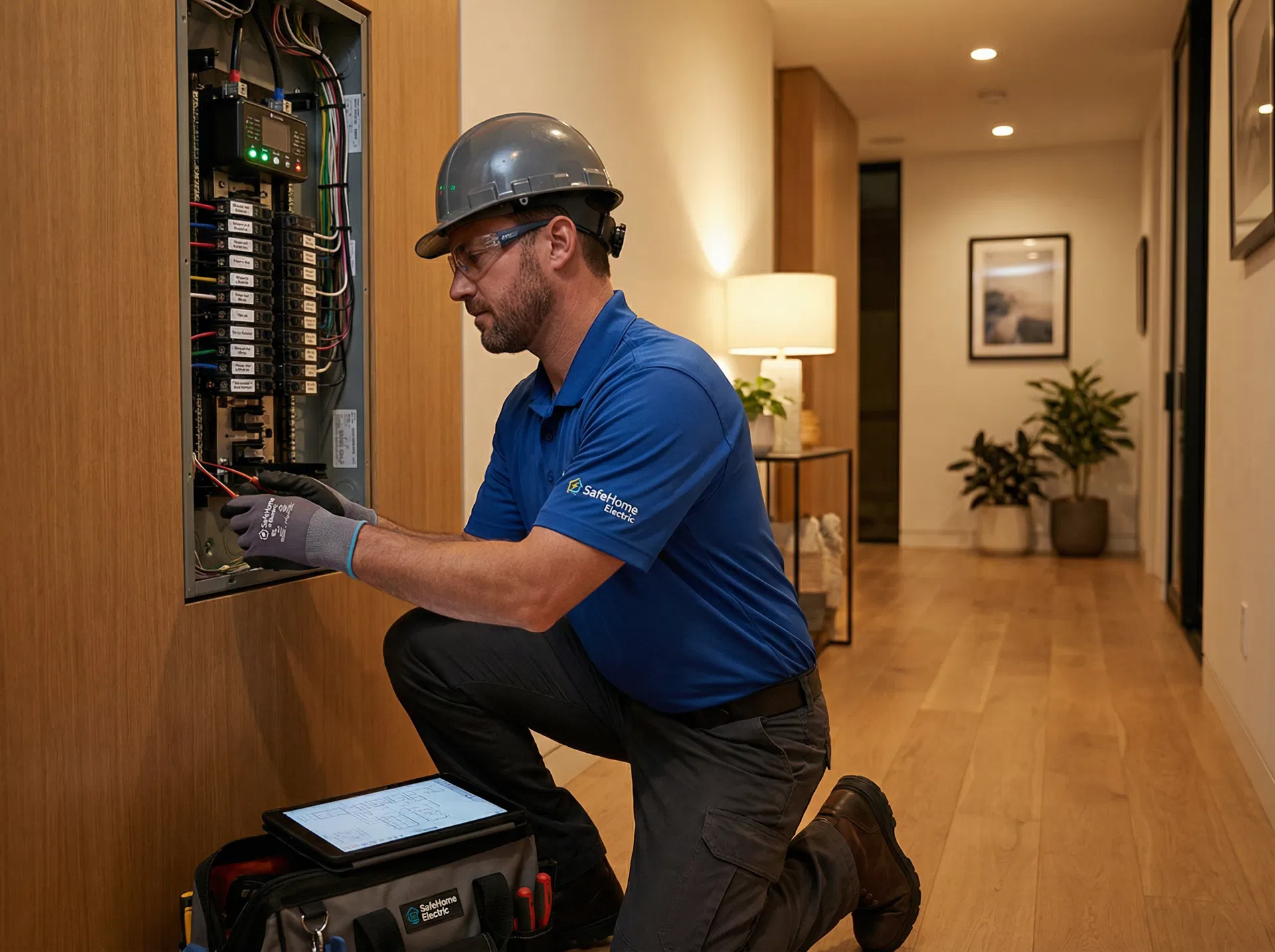 Certified electrician installing a modern electrical panel in a residential home