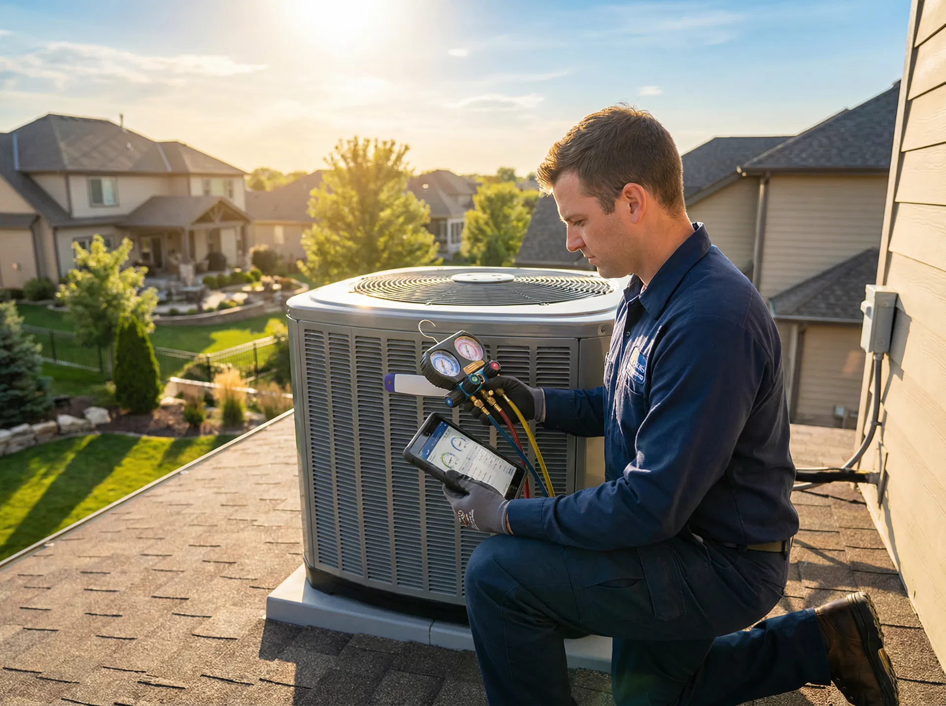 HVAC technician performing maintenance on a residential air conditioning unit