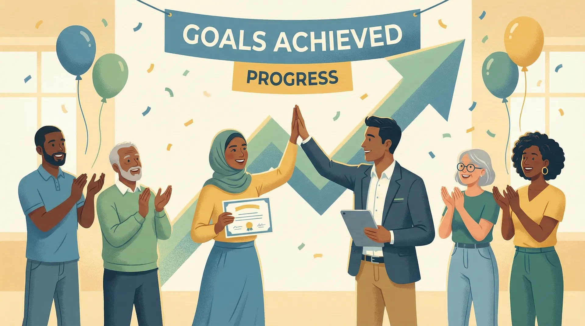 Diverse group celebrating goal achievement with support coordinator
