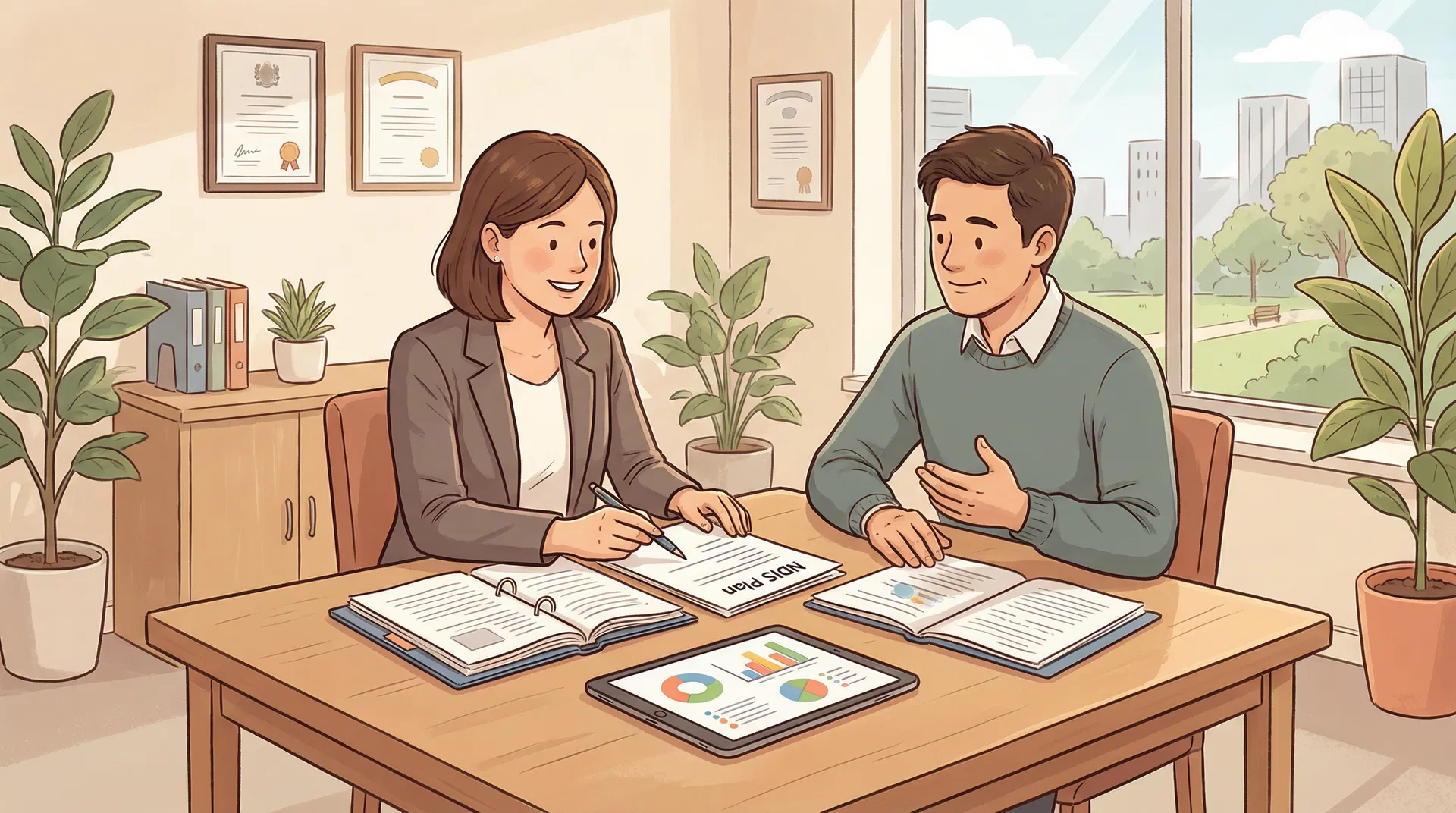 Support coordinator helping participant review NDIS plan